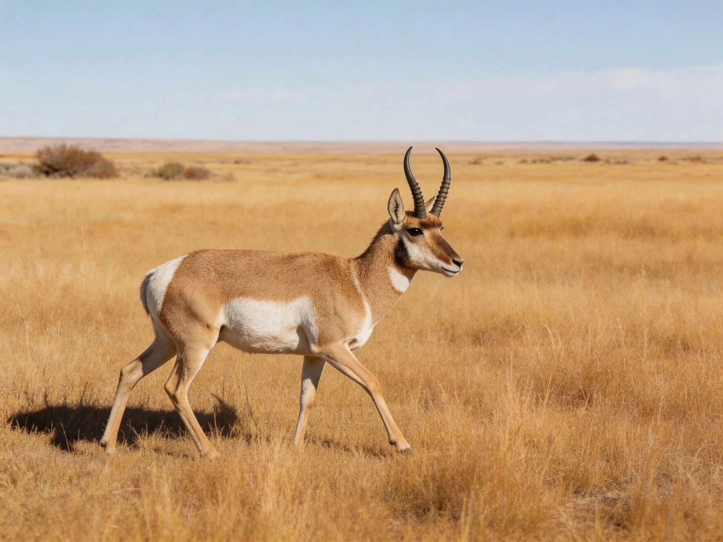 A pronghorn antelope roams a vast golden grassland