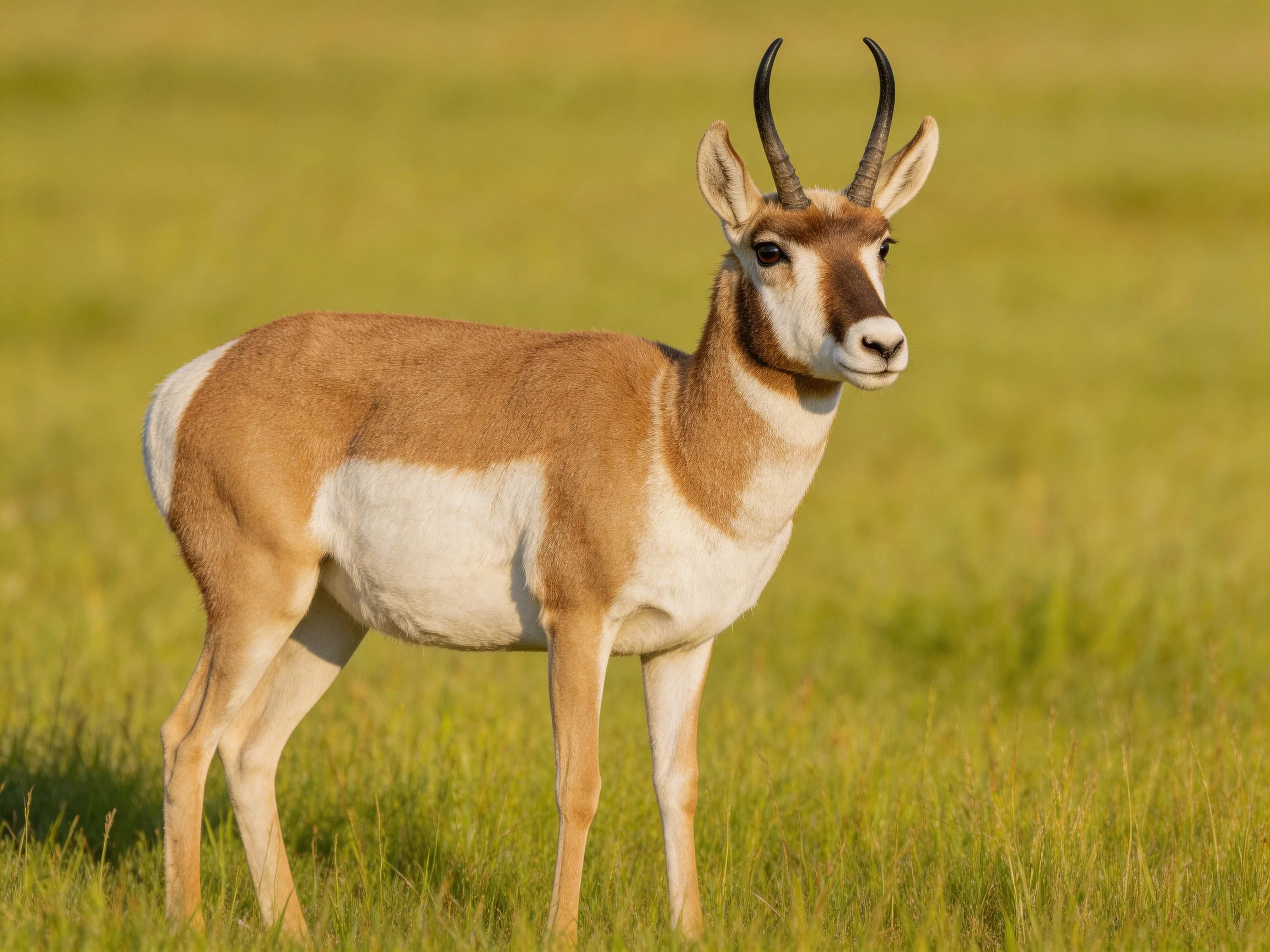 A pronghorn antelope with brown and white coat in a grassy field