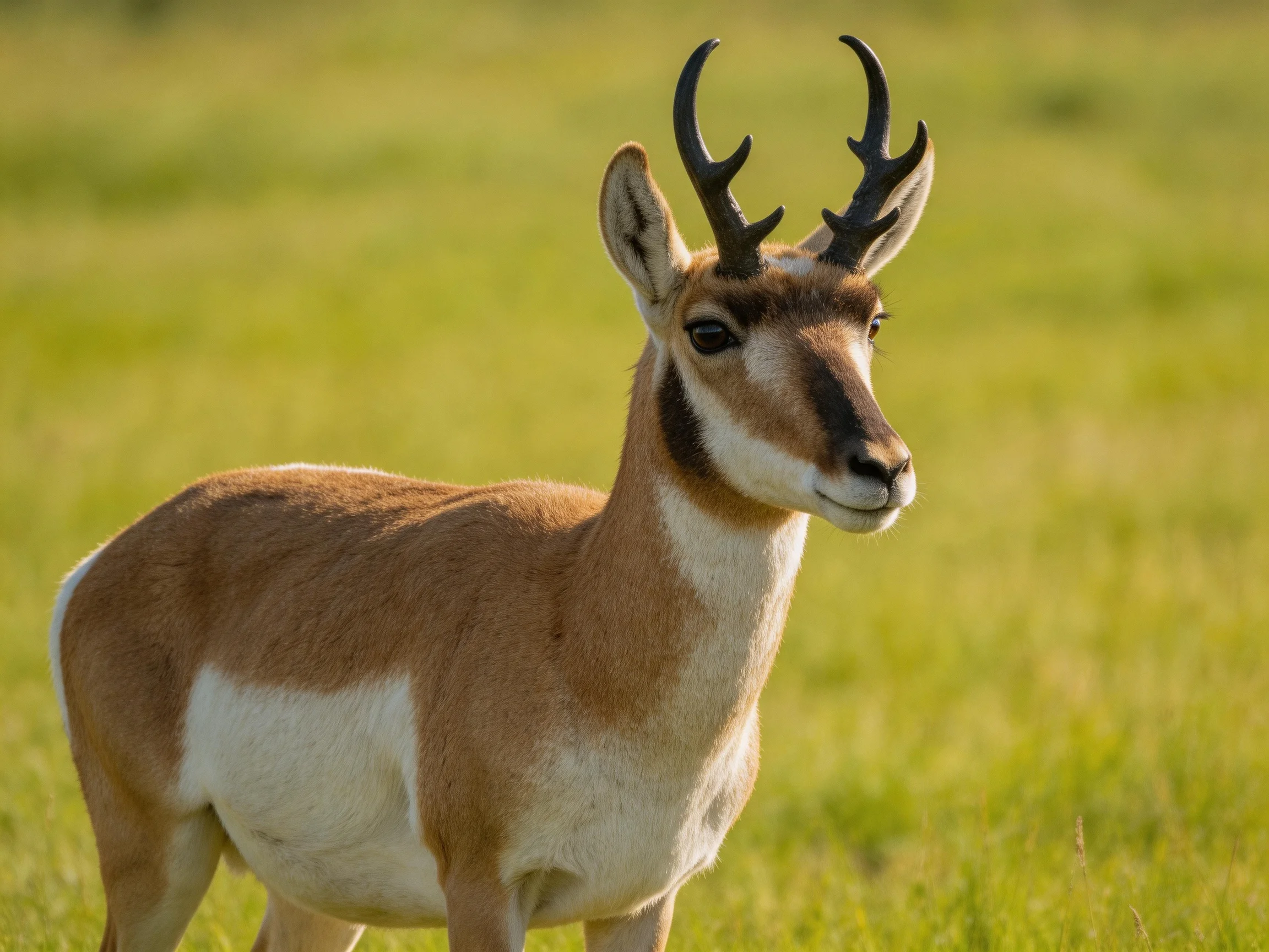A pronghorn antelope stands alert in a sunlit grassy landscape.