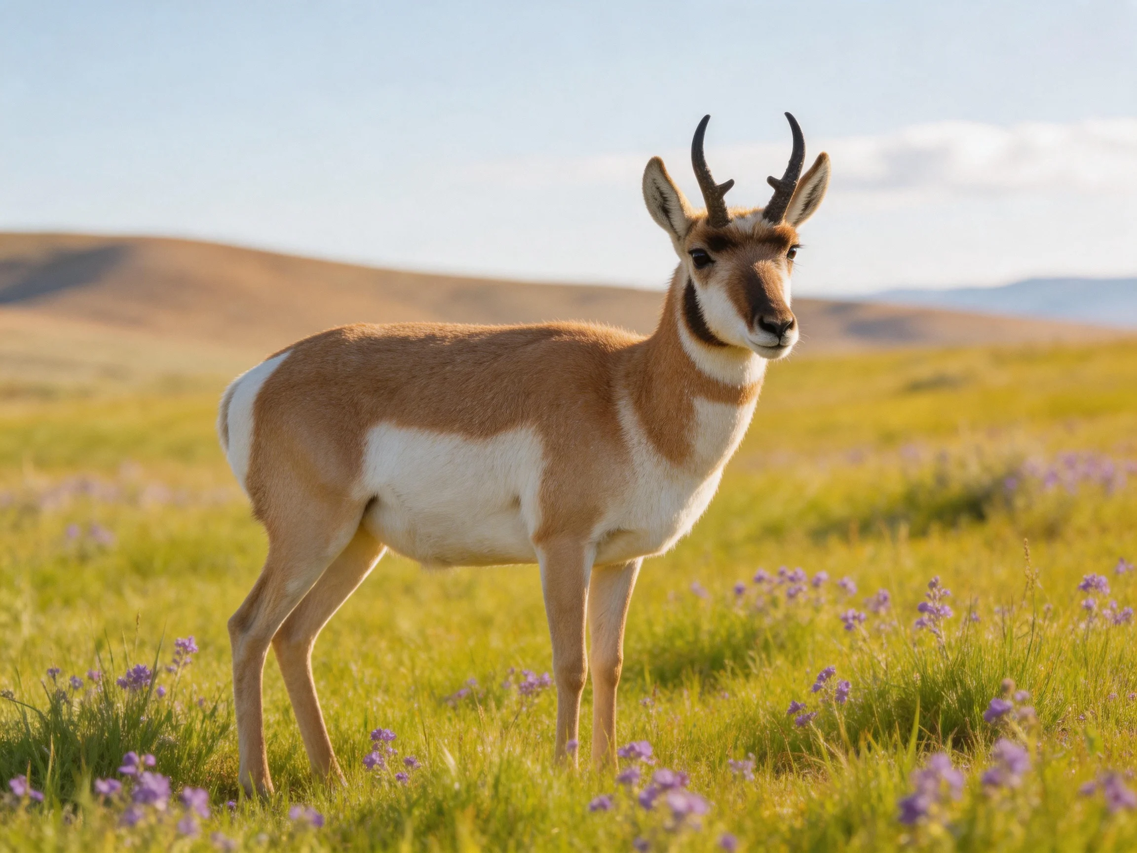 A pronghorn stands in a golden meadow with purple wildflowers