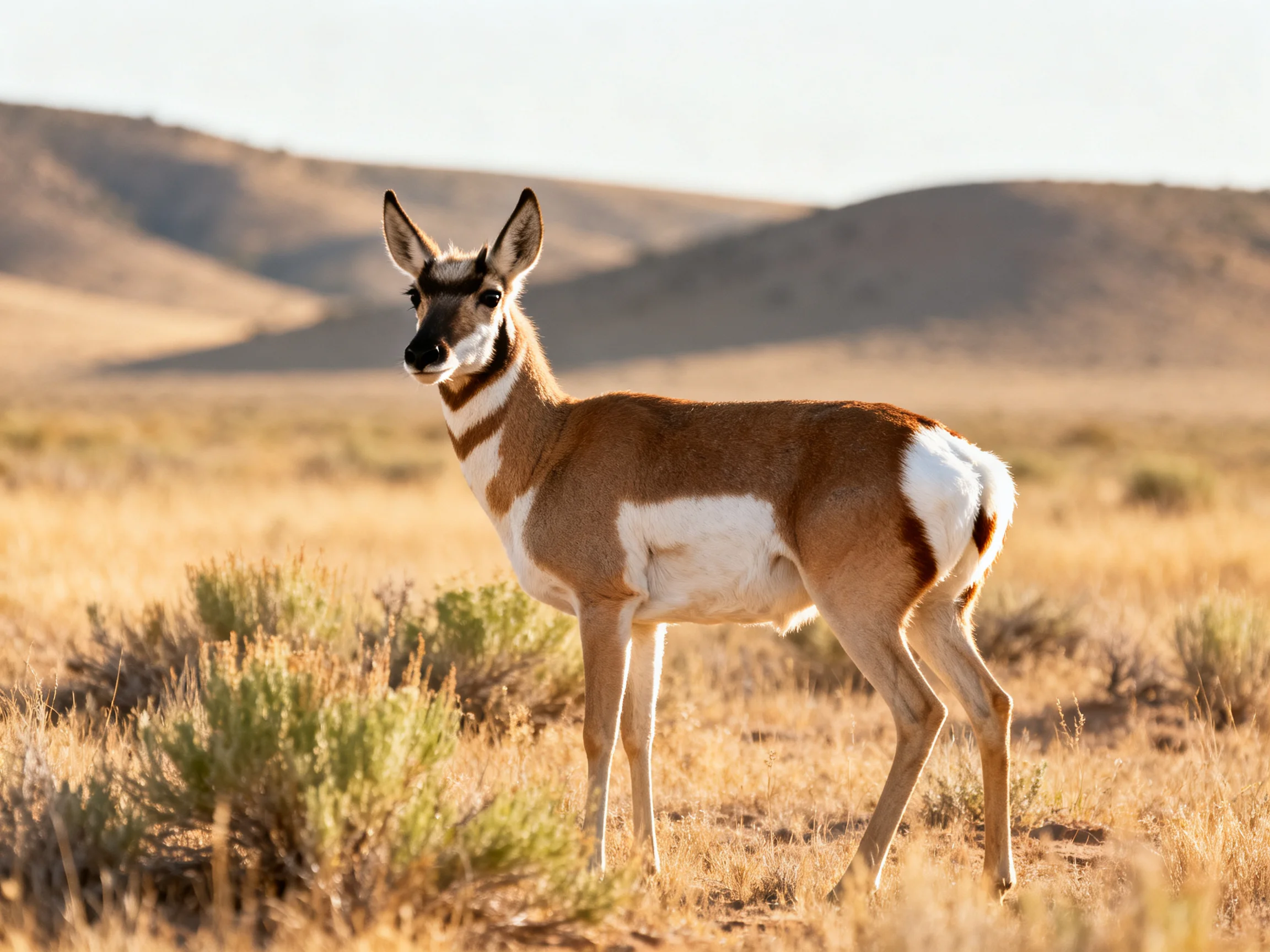 A pronghorn stands in golden grassland near rolling brown hills