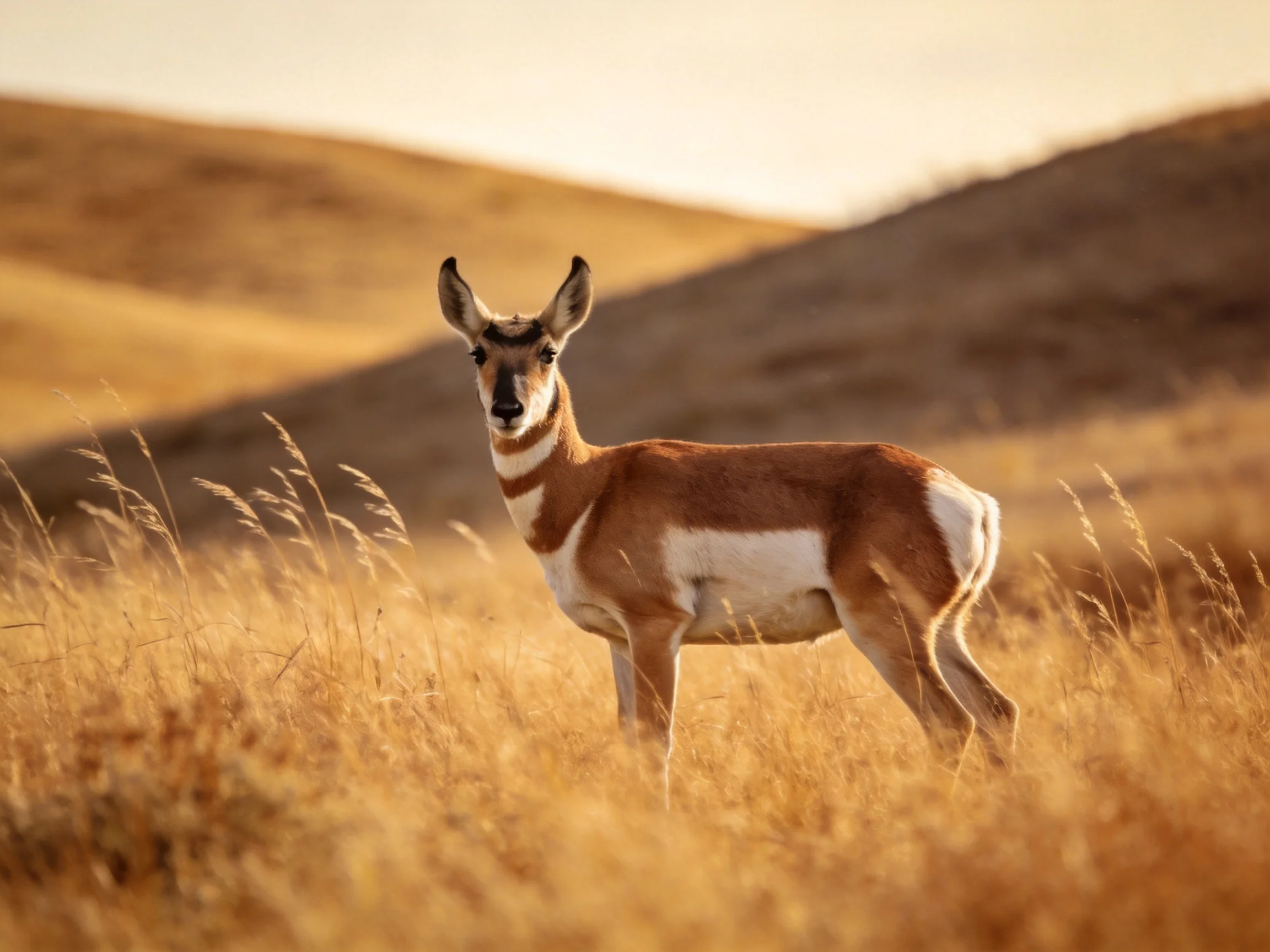 A pronghorn stands in golden grassland near rolling brown hills