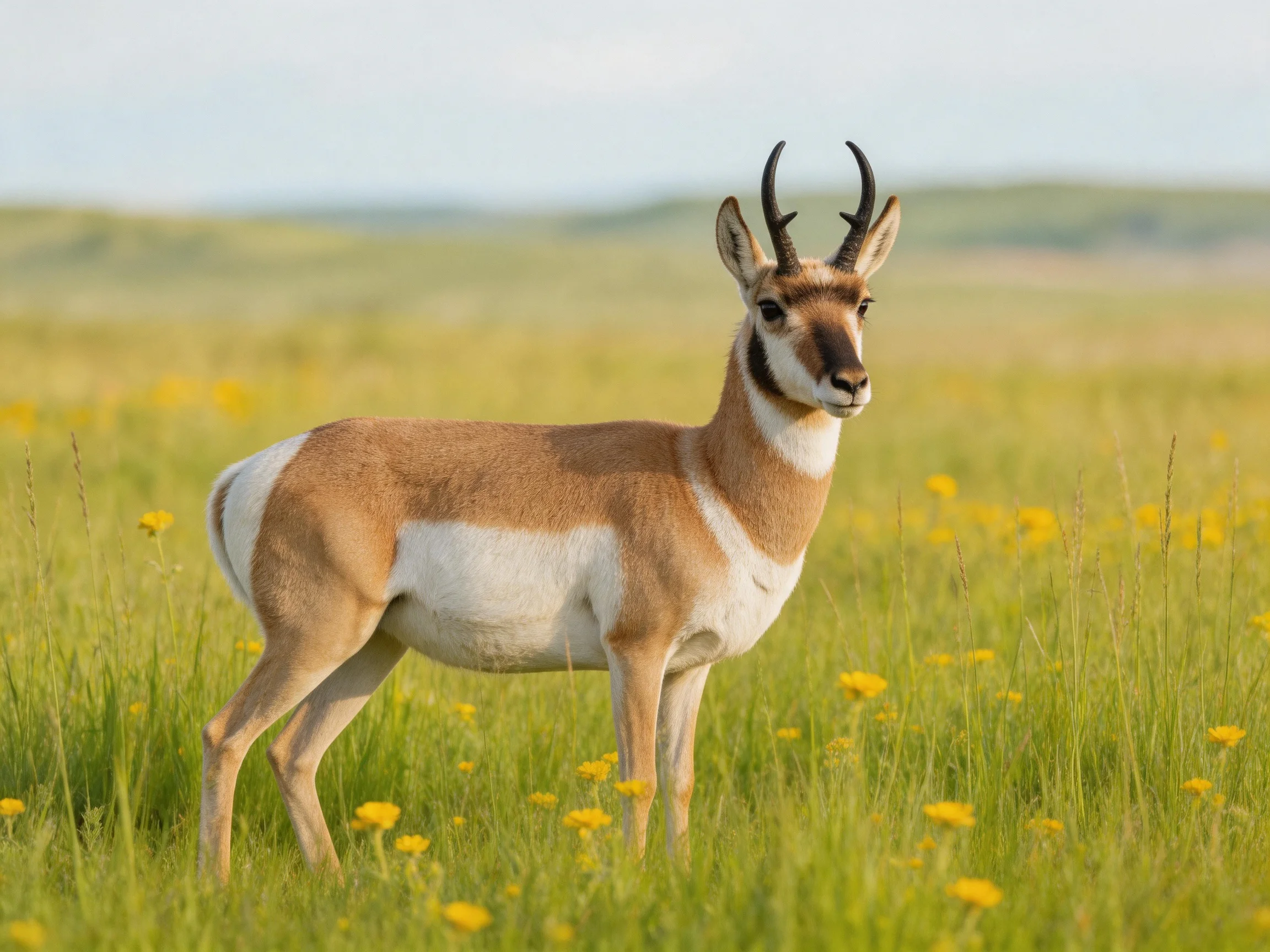A pronghorn with curved horns stands amid tall green grass and yellow blooms