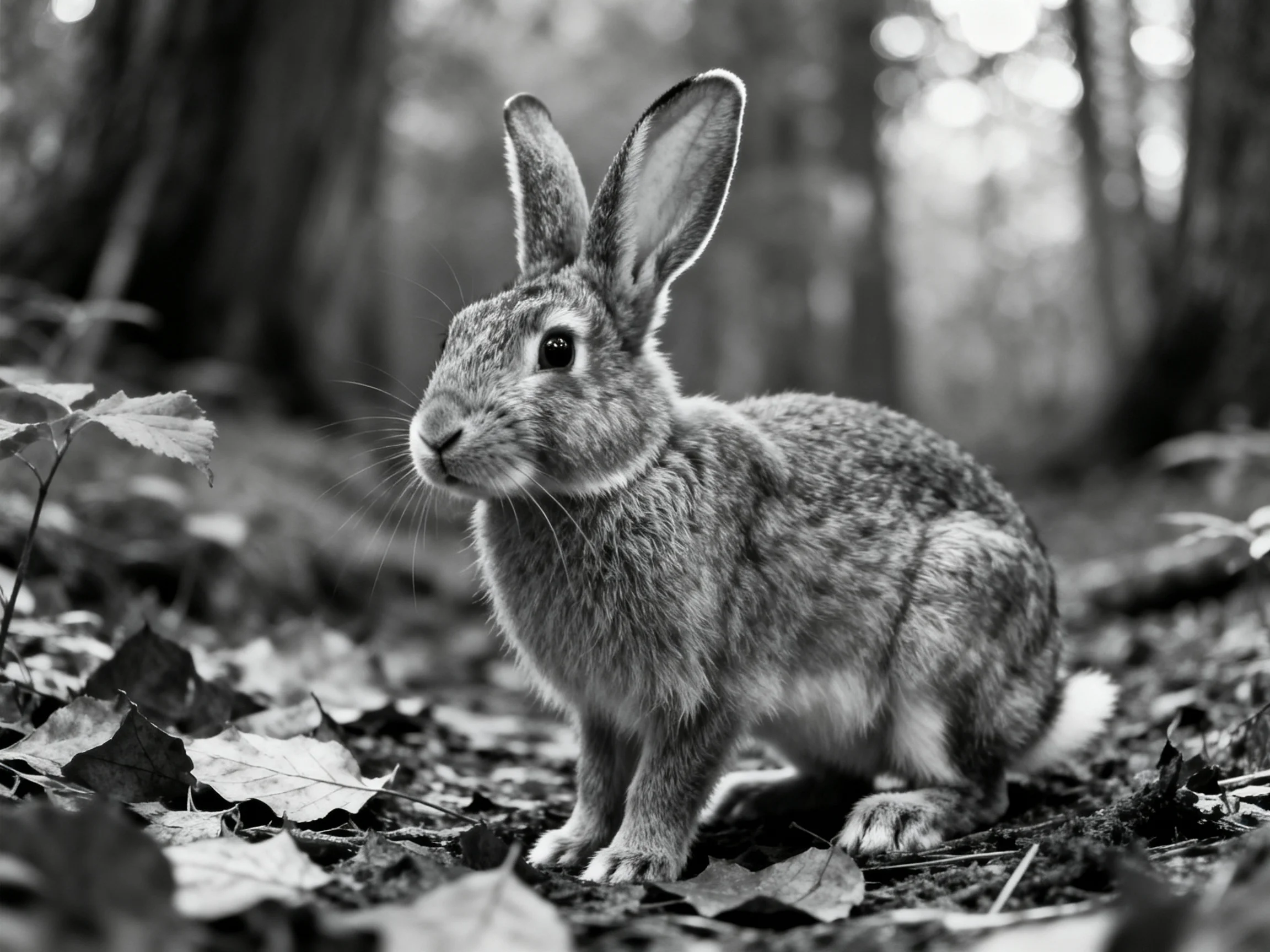 A rabbit amidst fallen leaves in a forest
