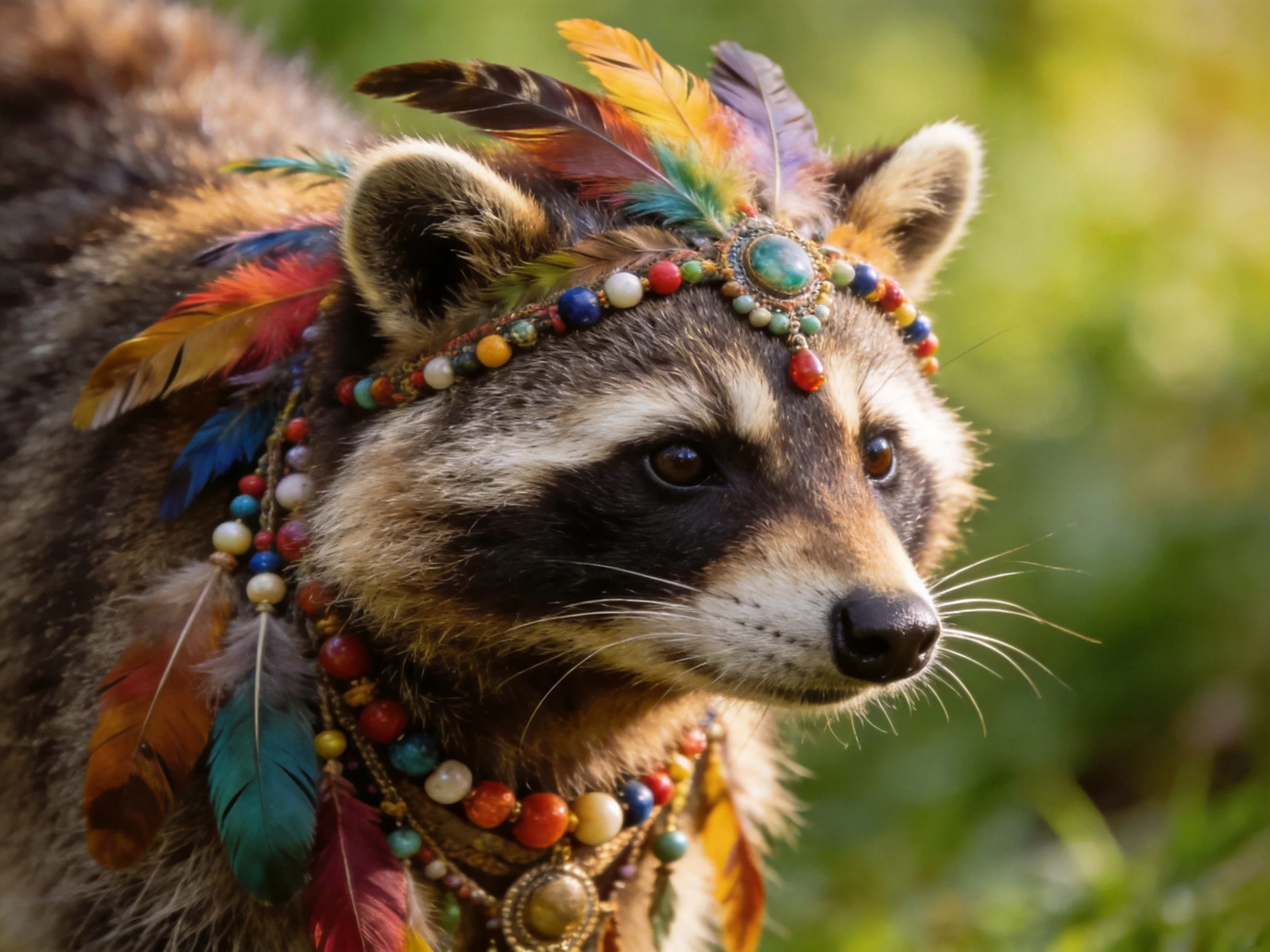 A raccoon wearing colorful feathered headgear and beaded jewelry in a natural setting