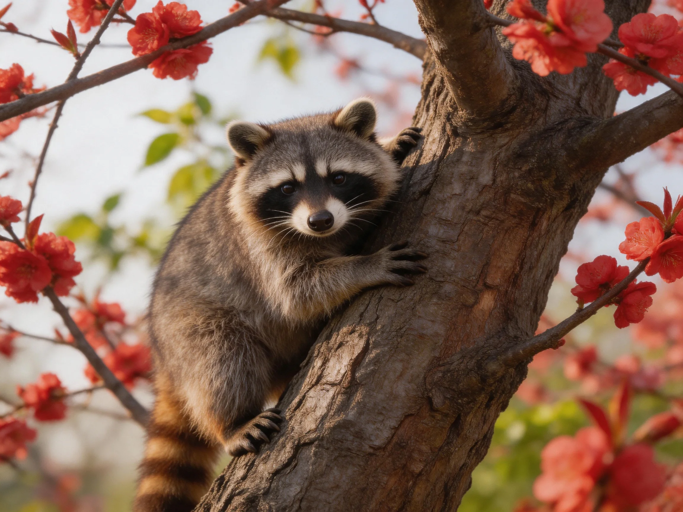 A raccoon clings to a tree with vibrant red flowering branches