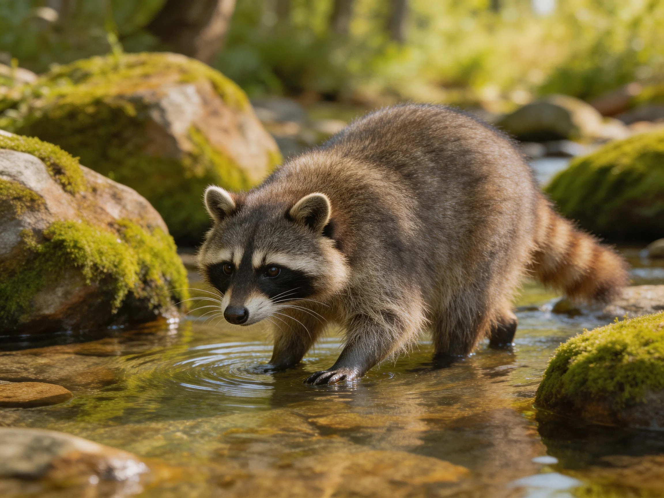 A raccoon explores a clear stream with moss-covered rocks