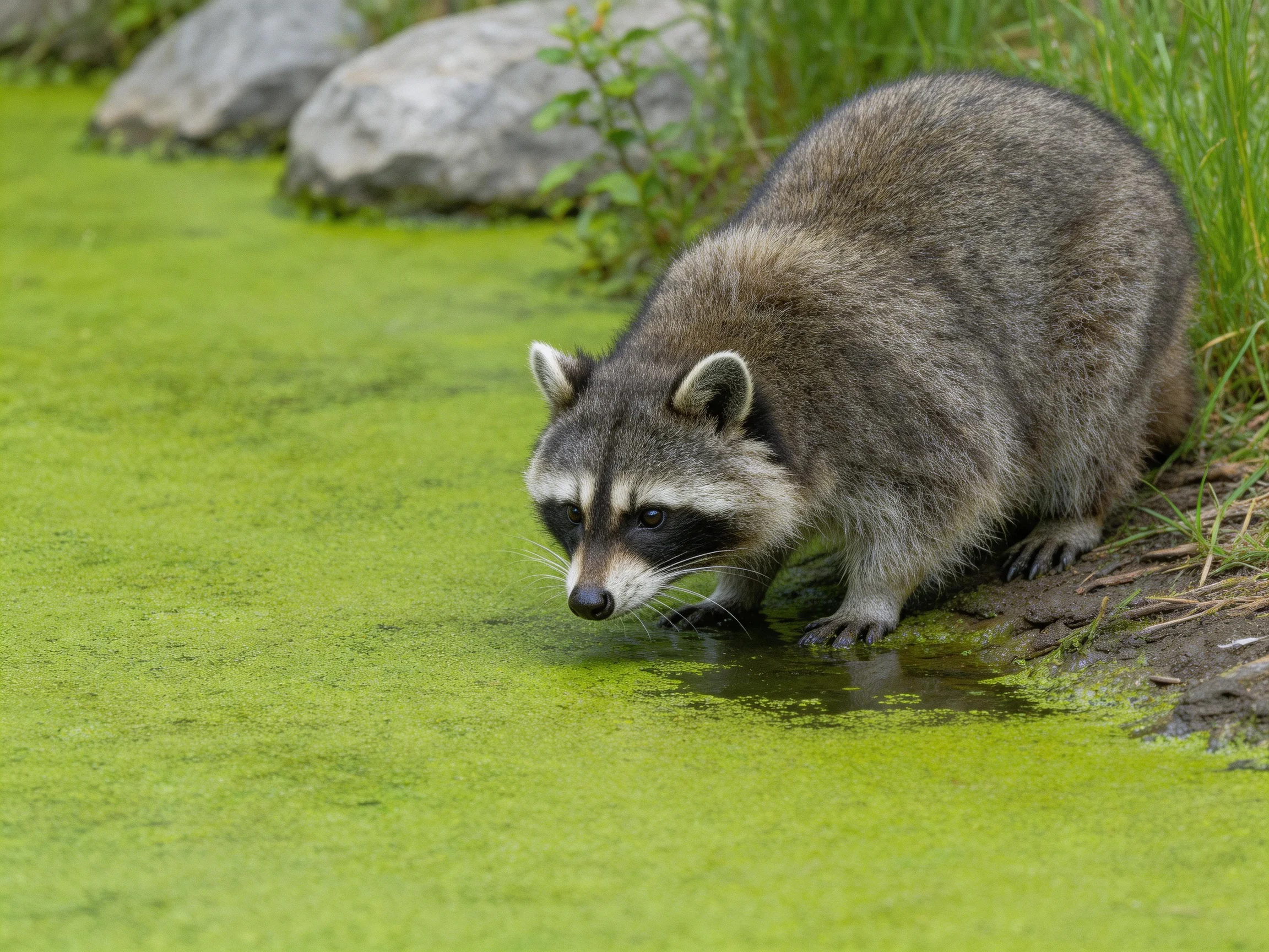 A raccoon explores a green algae-covered pond near rocks