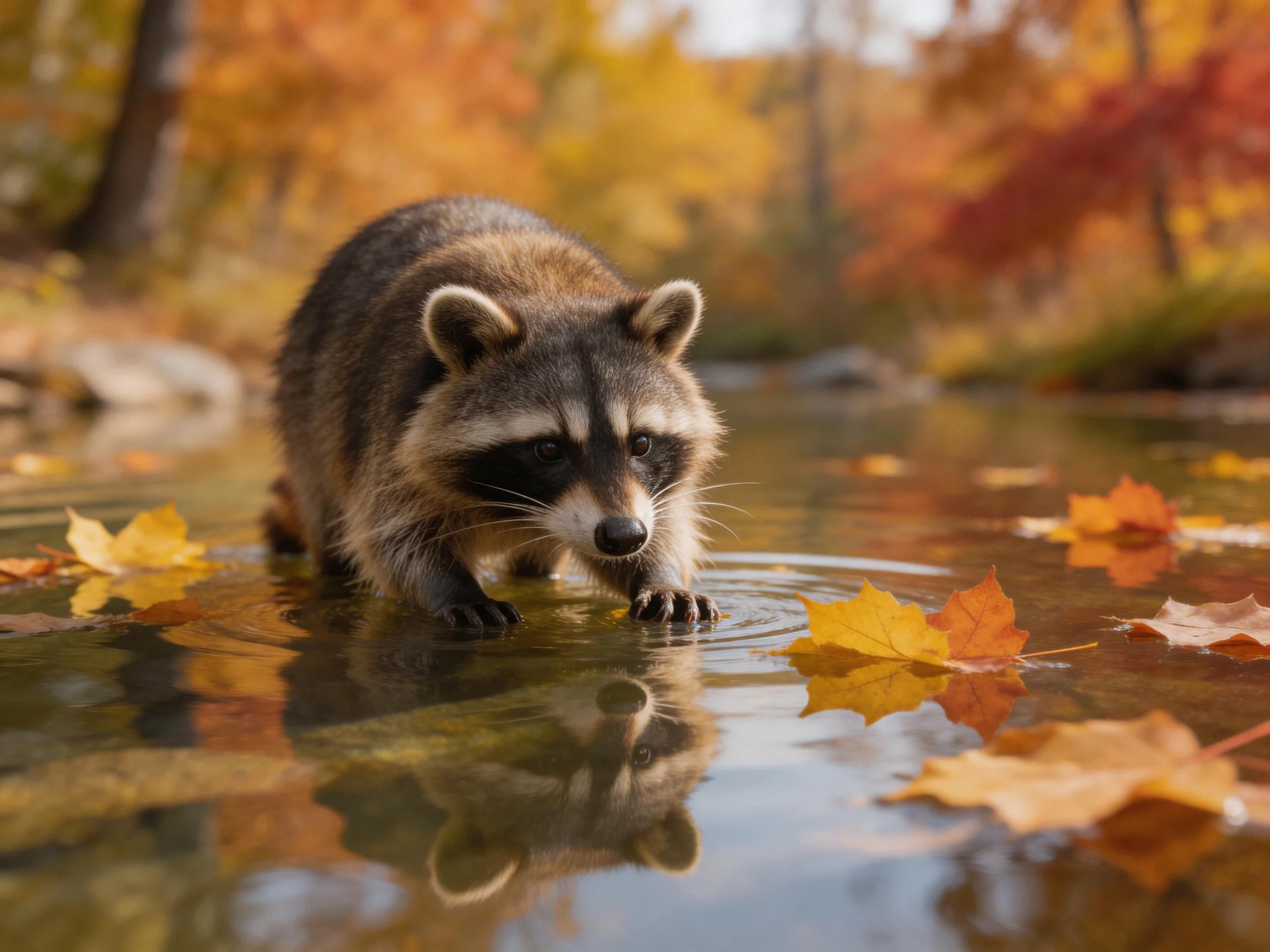 A raccoon explores a stream amid autumn foliage and fallen leaves