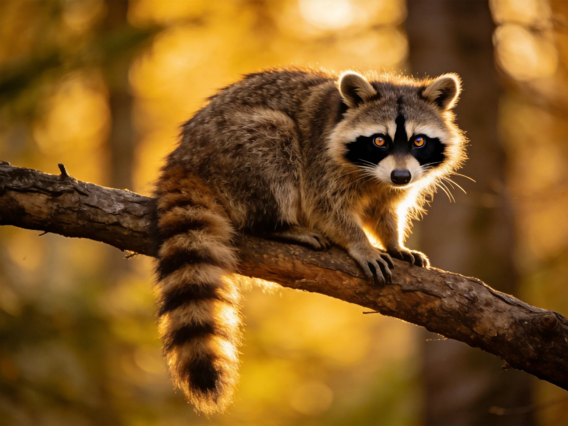 A raccoon perched on a gnarled tree branch in golden forest light
