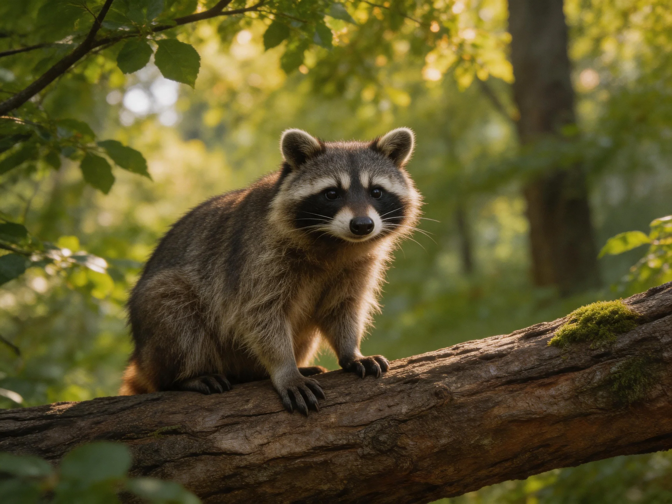 A raccoon perched on a mossy brown tree branch in a sunlit forest