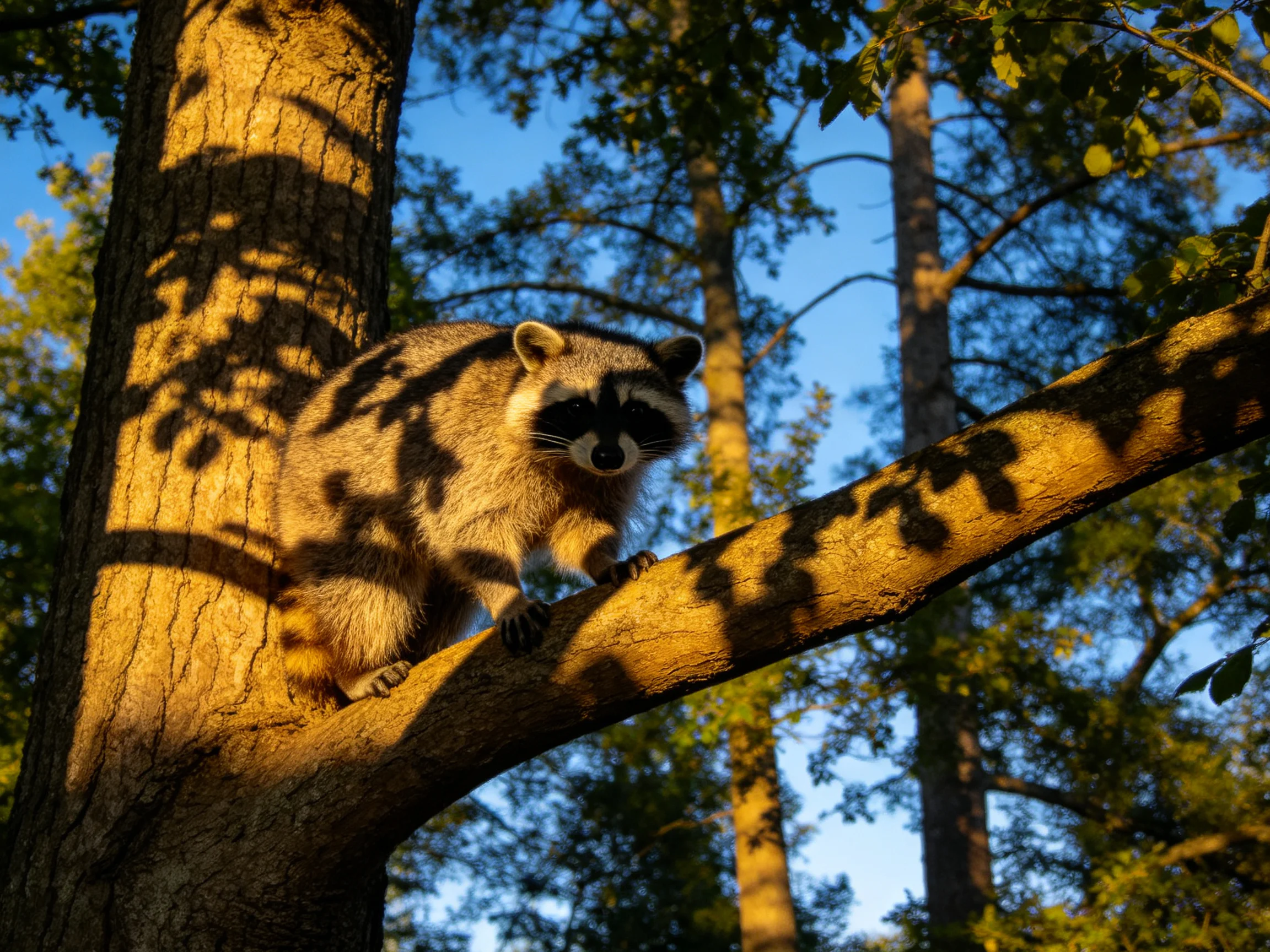 A raccoon perched on a sunlit tree branch among tall trees