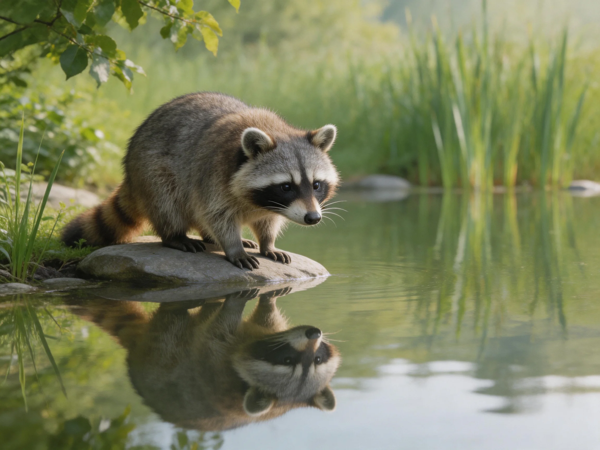 A raccoon perches on a rock by calm water surrounded by greenery