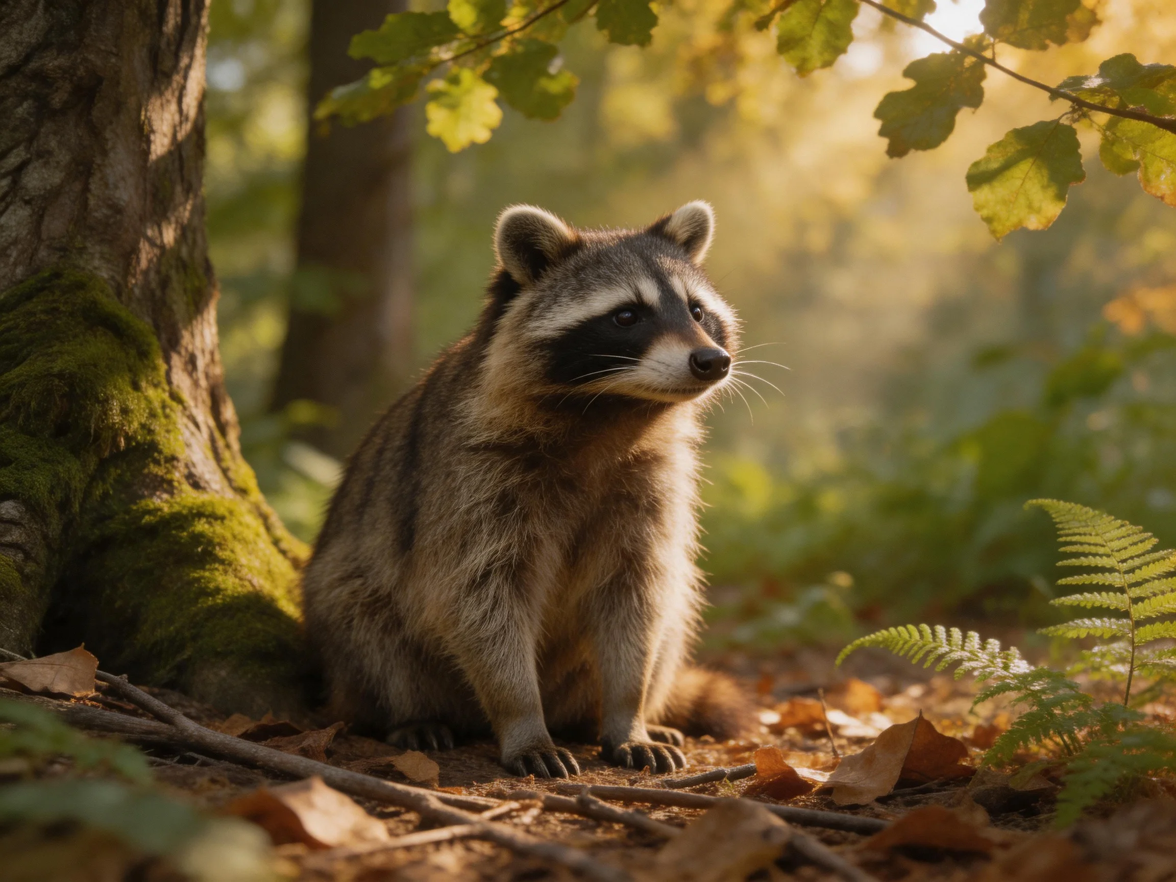 A raccoon sits near a moss-covered tree in an autumnal forest