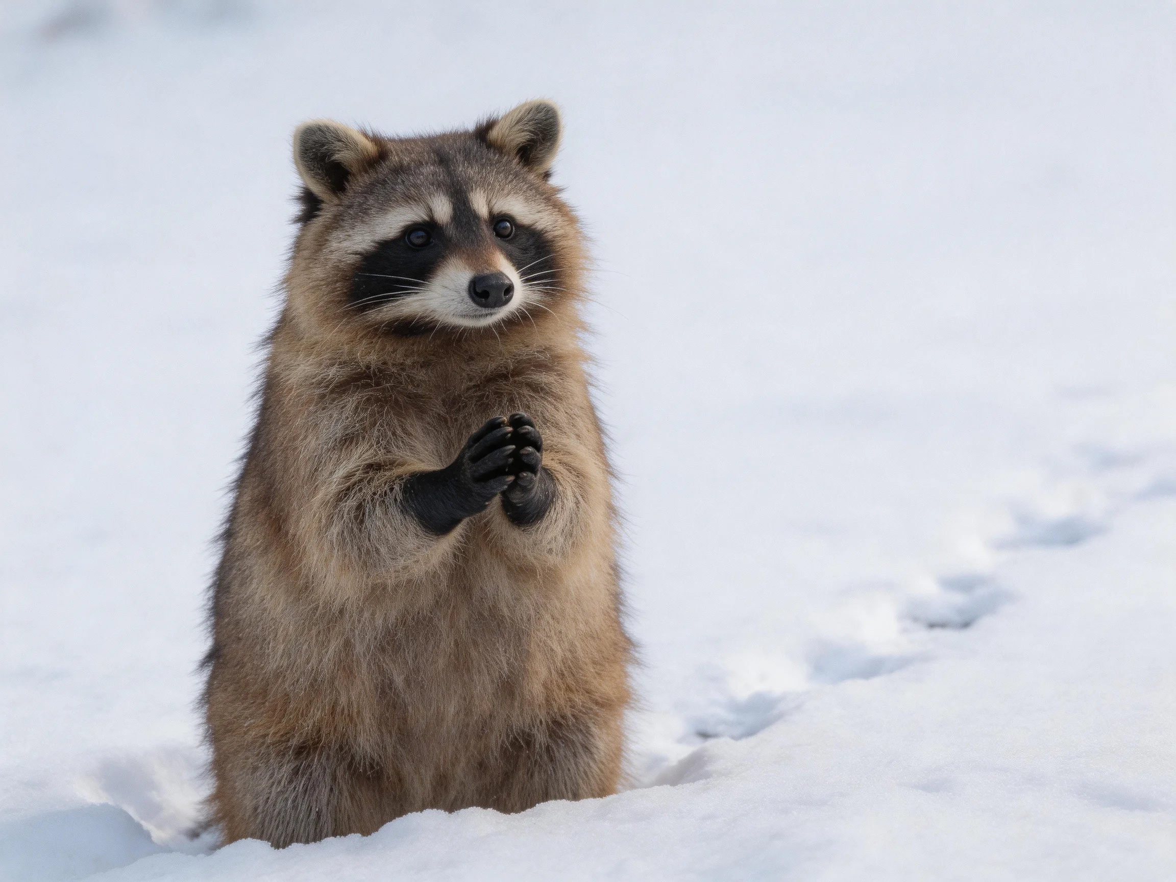 A raccoon stands upright in snow with distinct facial markings