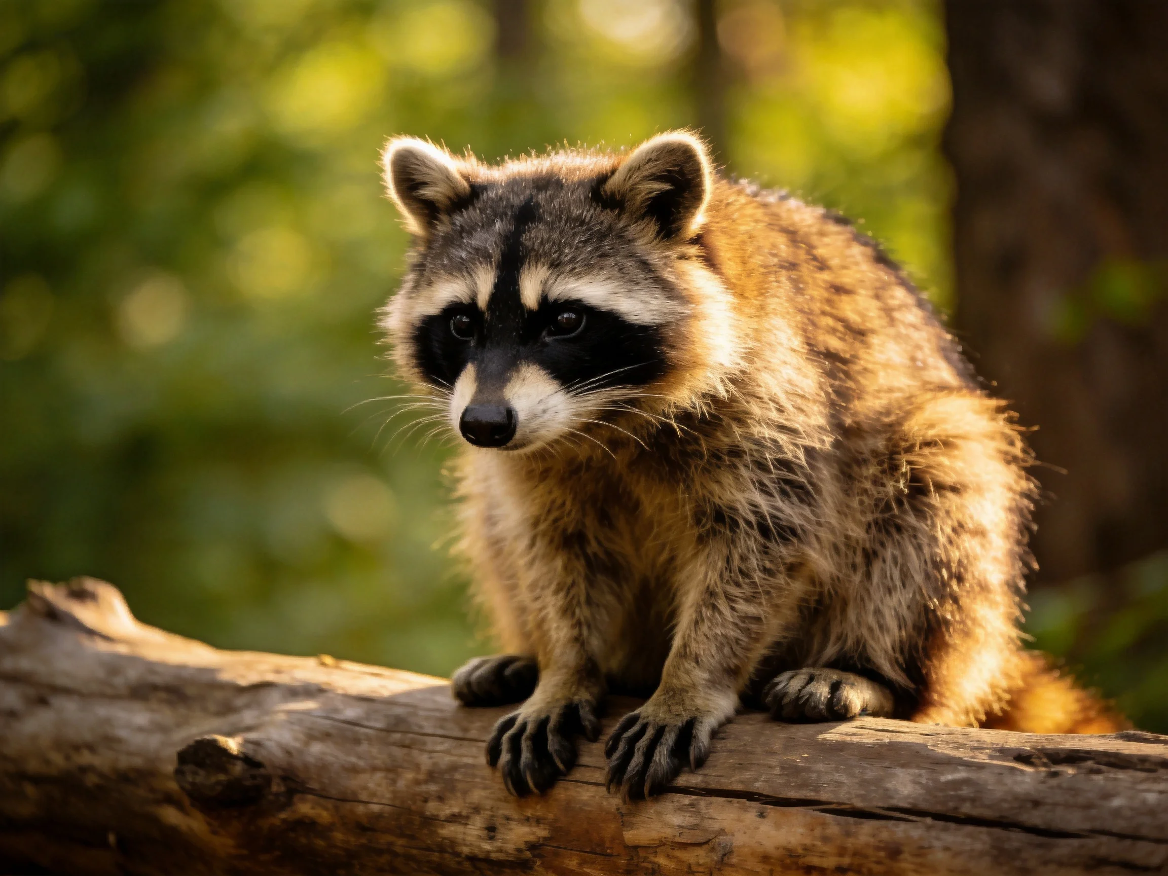 A raccoon with a black facial mask perches on a weathered wooden log