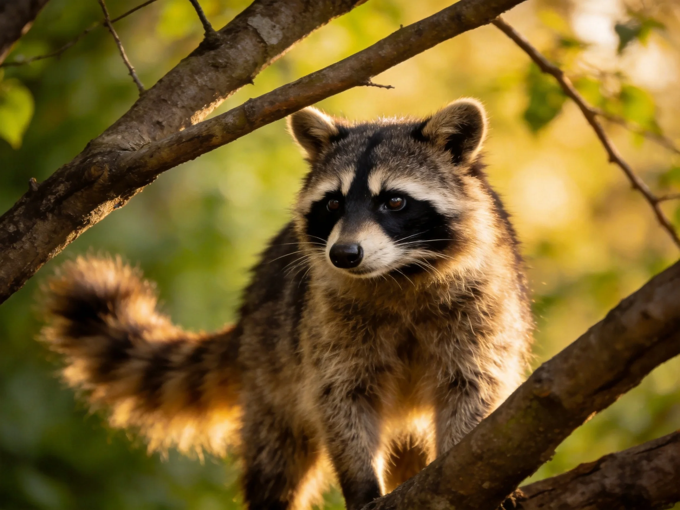 A raccoon with black facial markings perched on tree branches