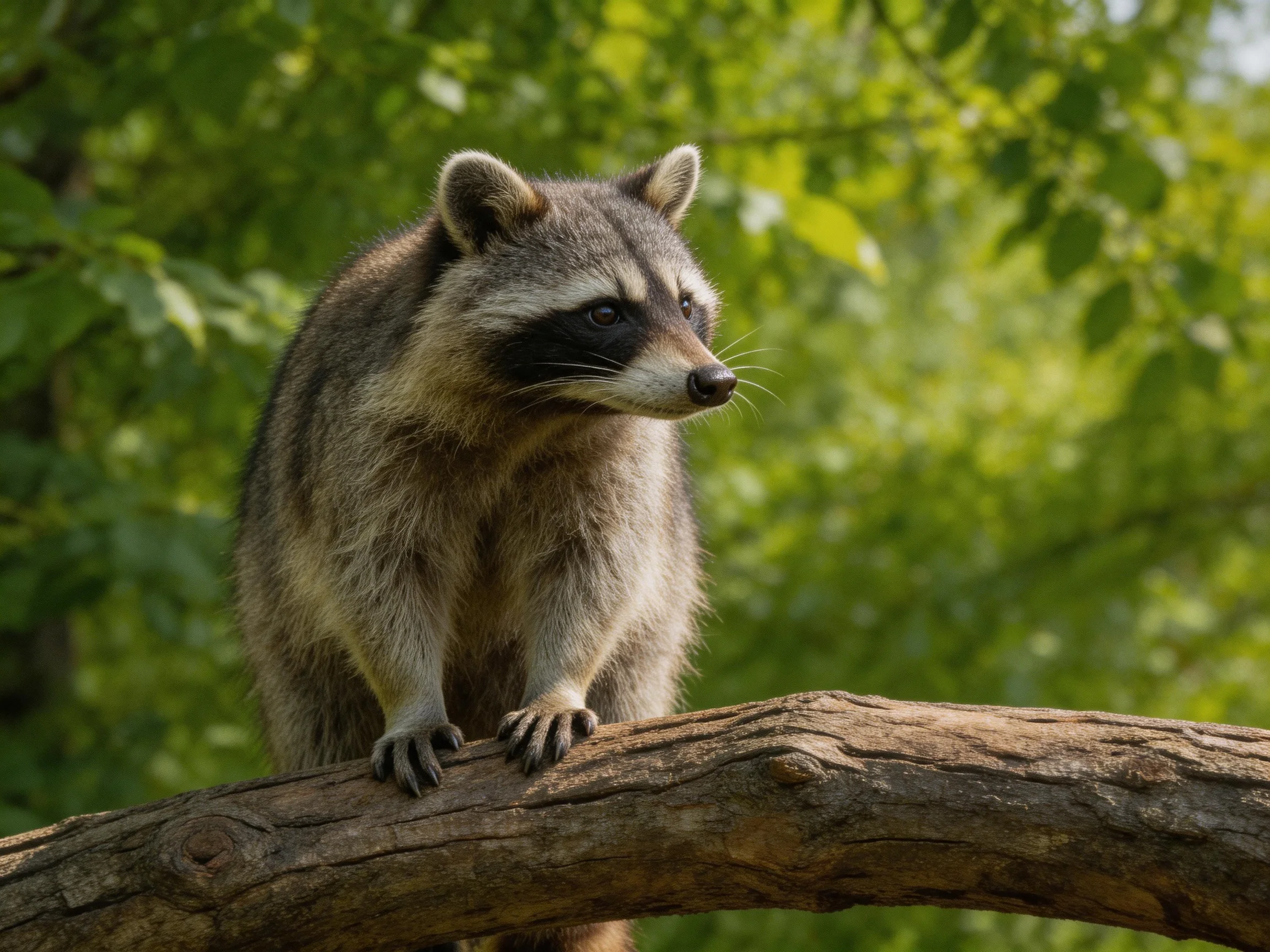 A raccoon with gray and black fur perched on a brown tree branch