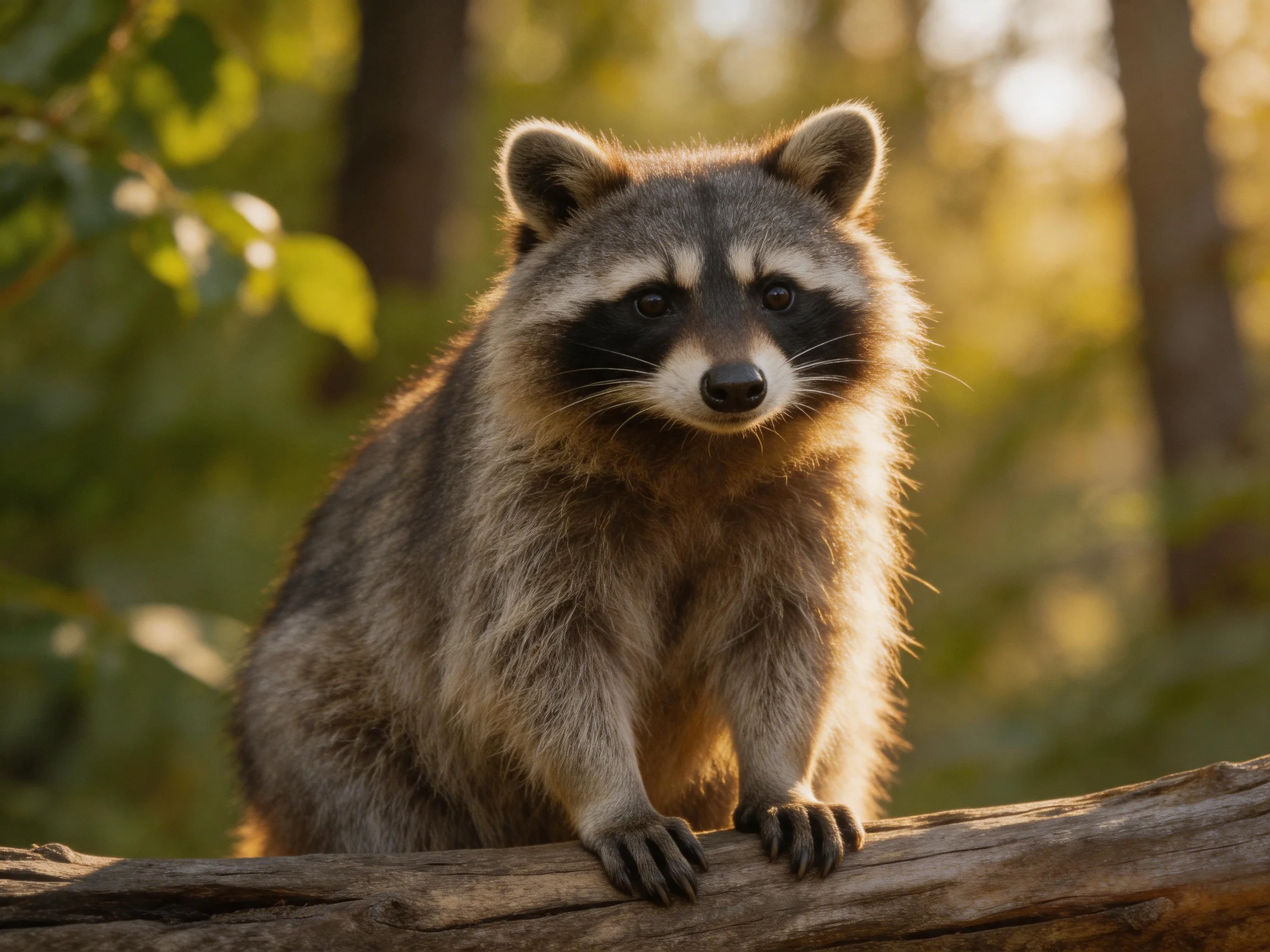 A raccoon with gray and brown fur perched on a log in a sunlit forest