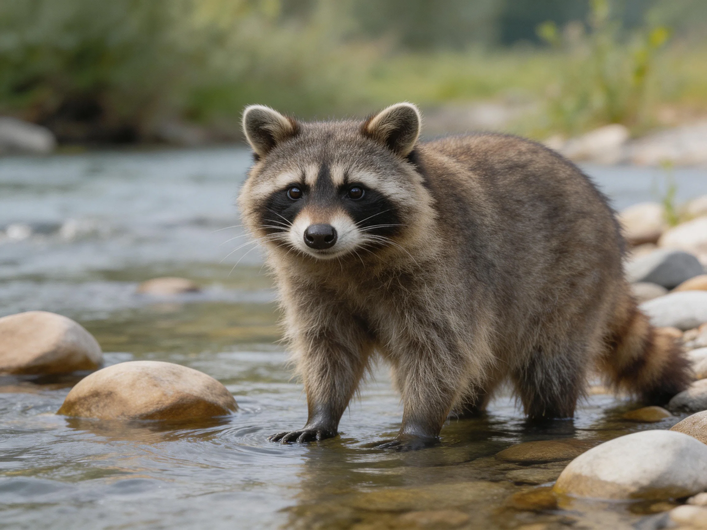 A raccoon with gray-brown fur stands in a shallow stream among smooth stones