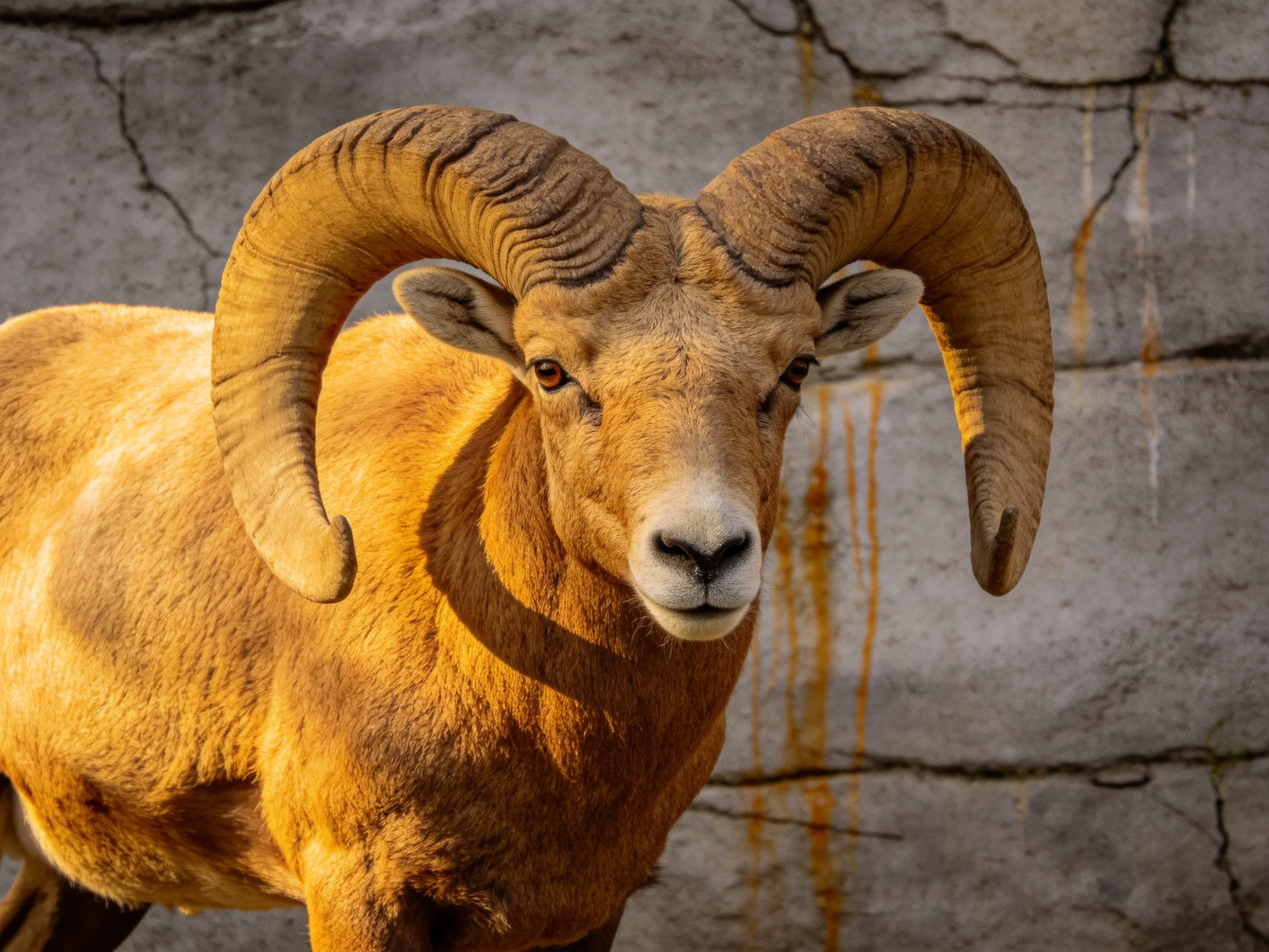 A ram with massive curved horns beside a cracked stone wall