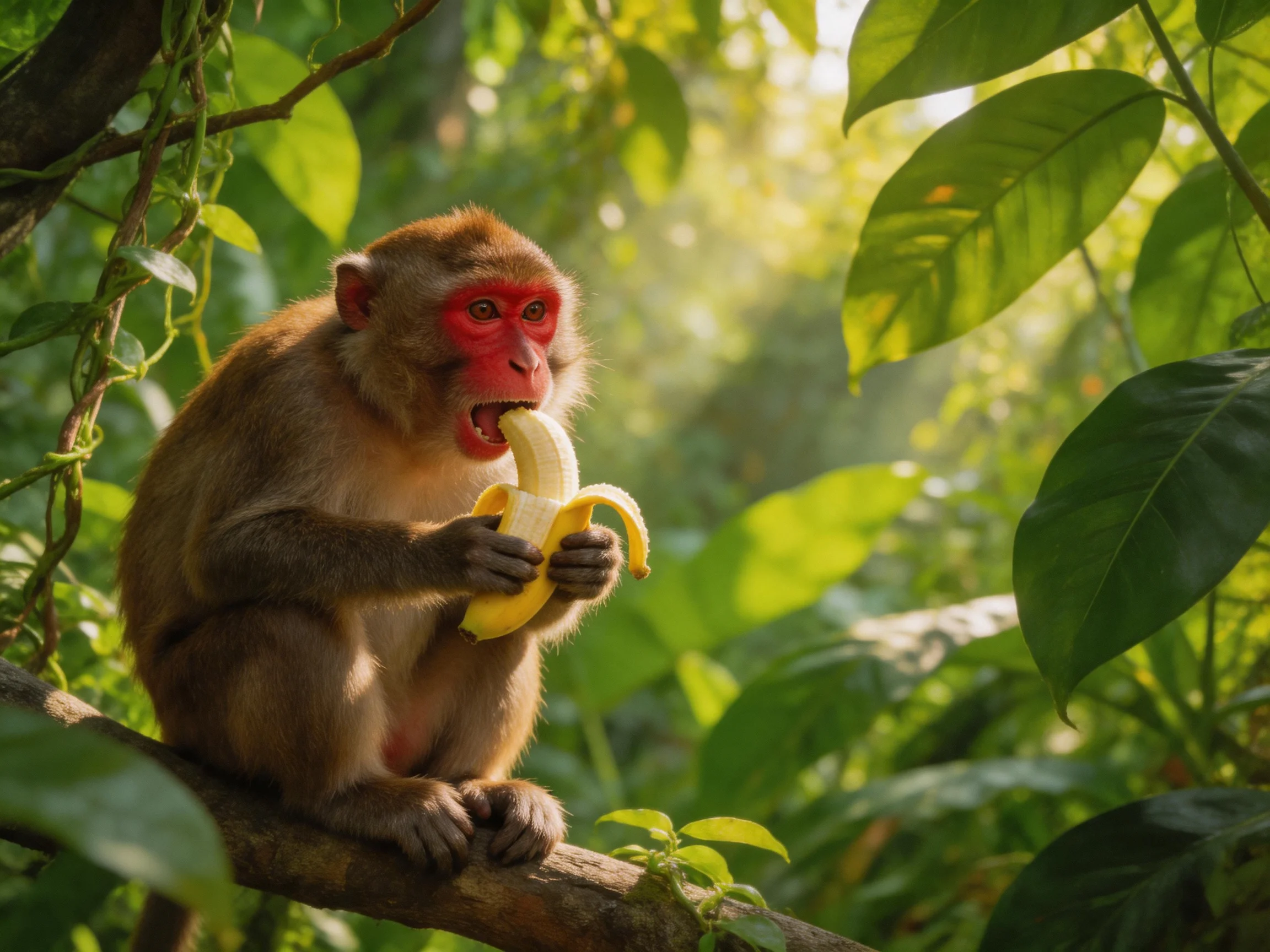 A red-faced monkey eats a banana in lush greenery
