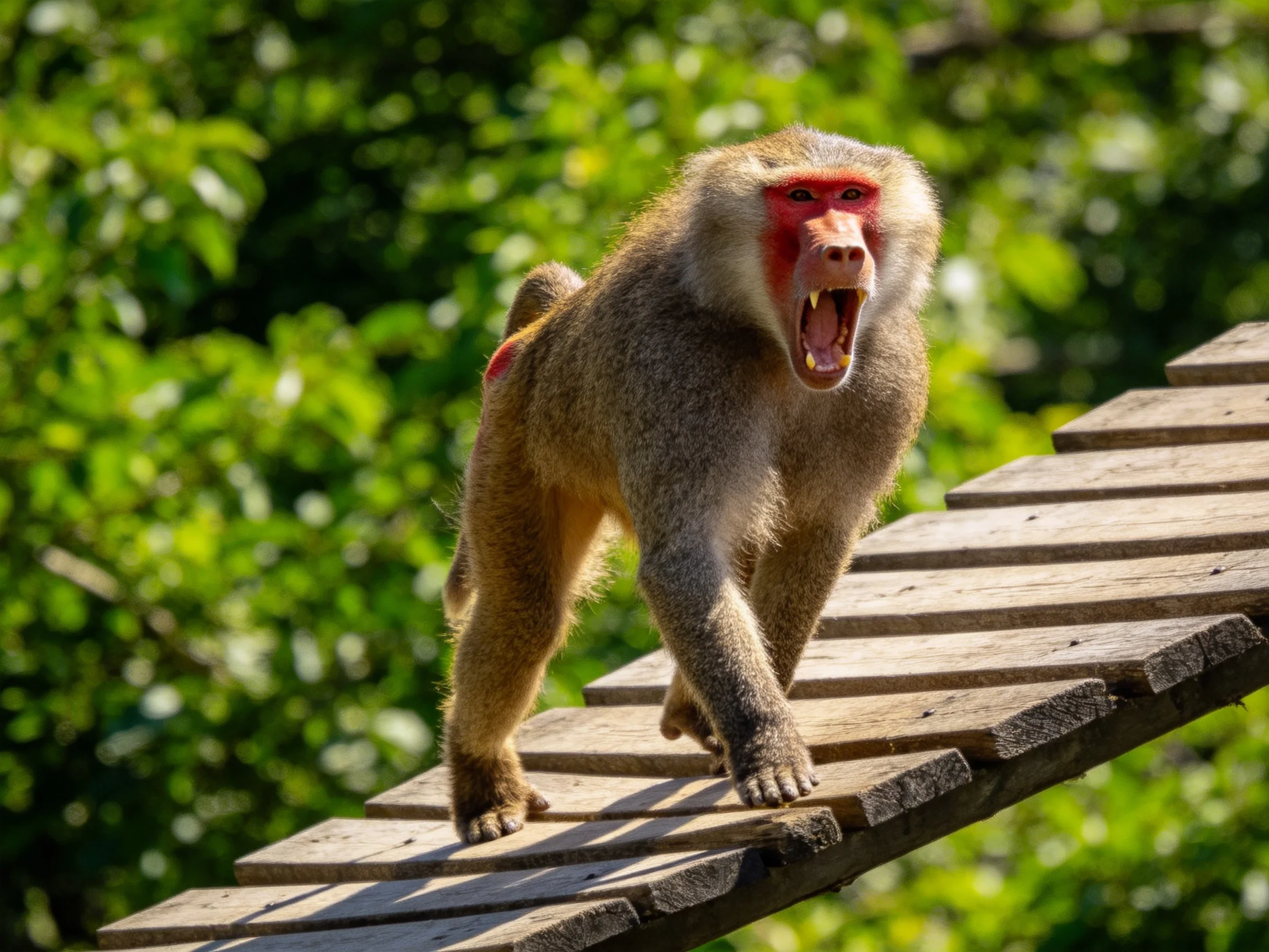 A red-faced monkey walks on a slanted wooden bridge amid lush greenery