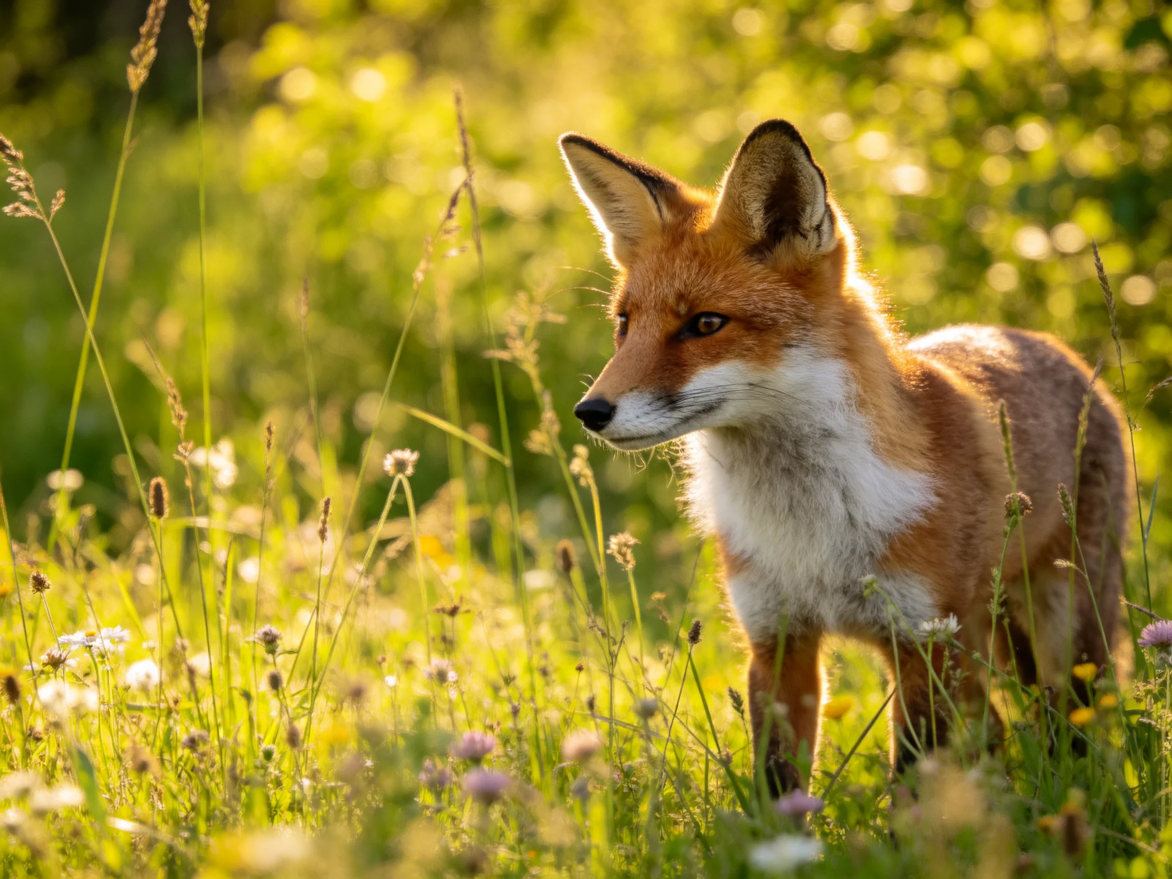 A red fox cub in a sunlit meadow of tall greenery and wildflowers