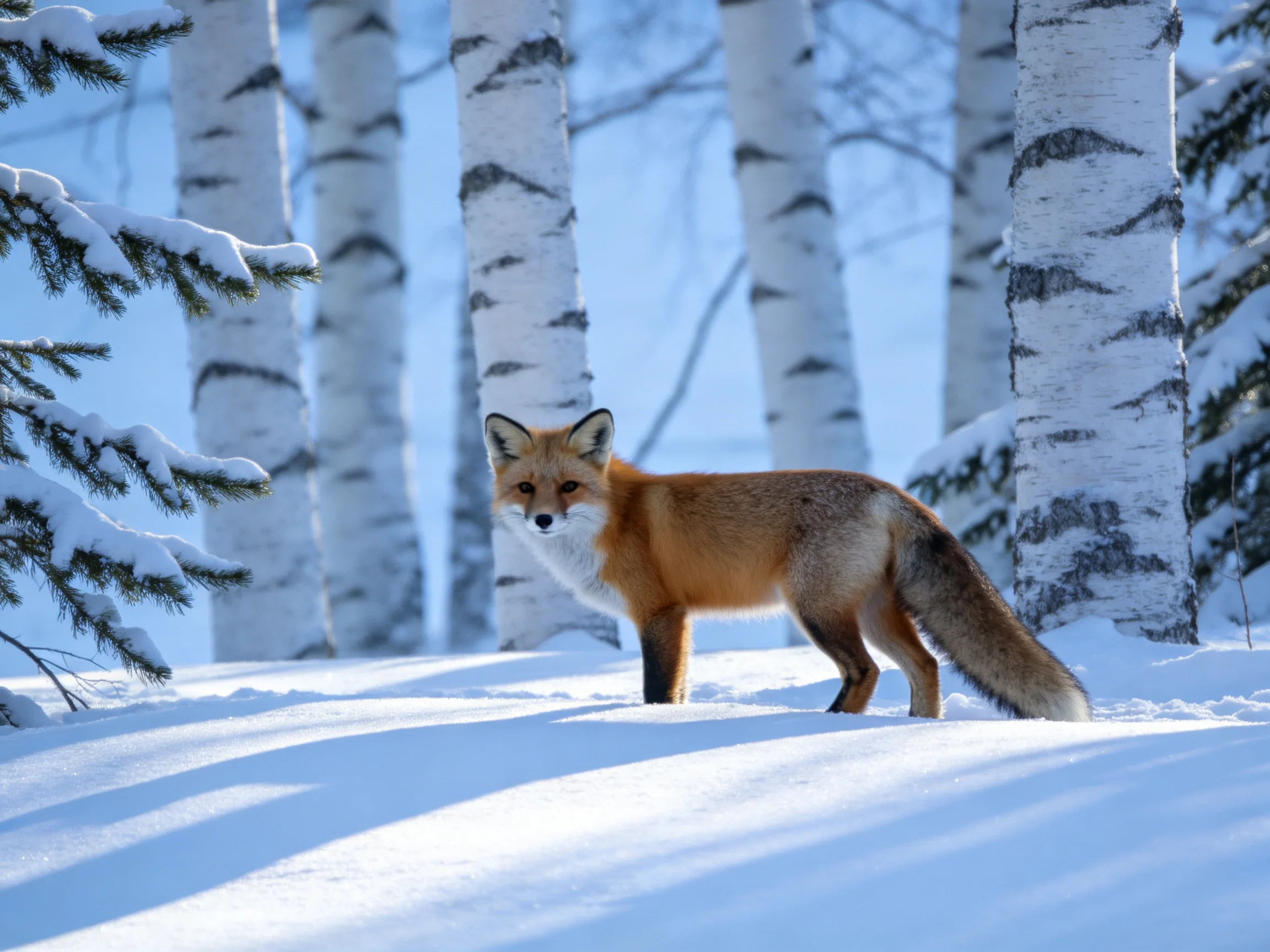 A red fox in a snowy forest with white birch trees