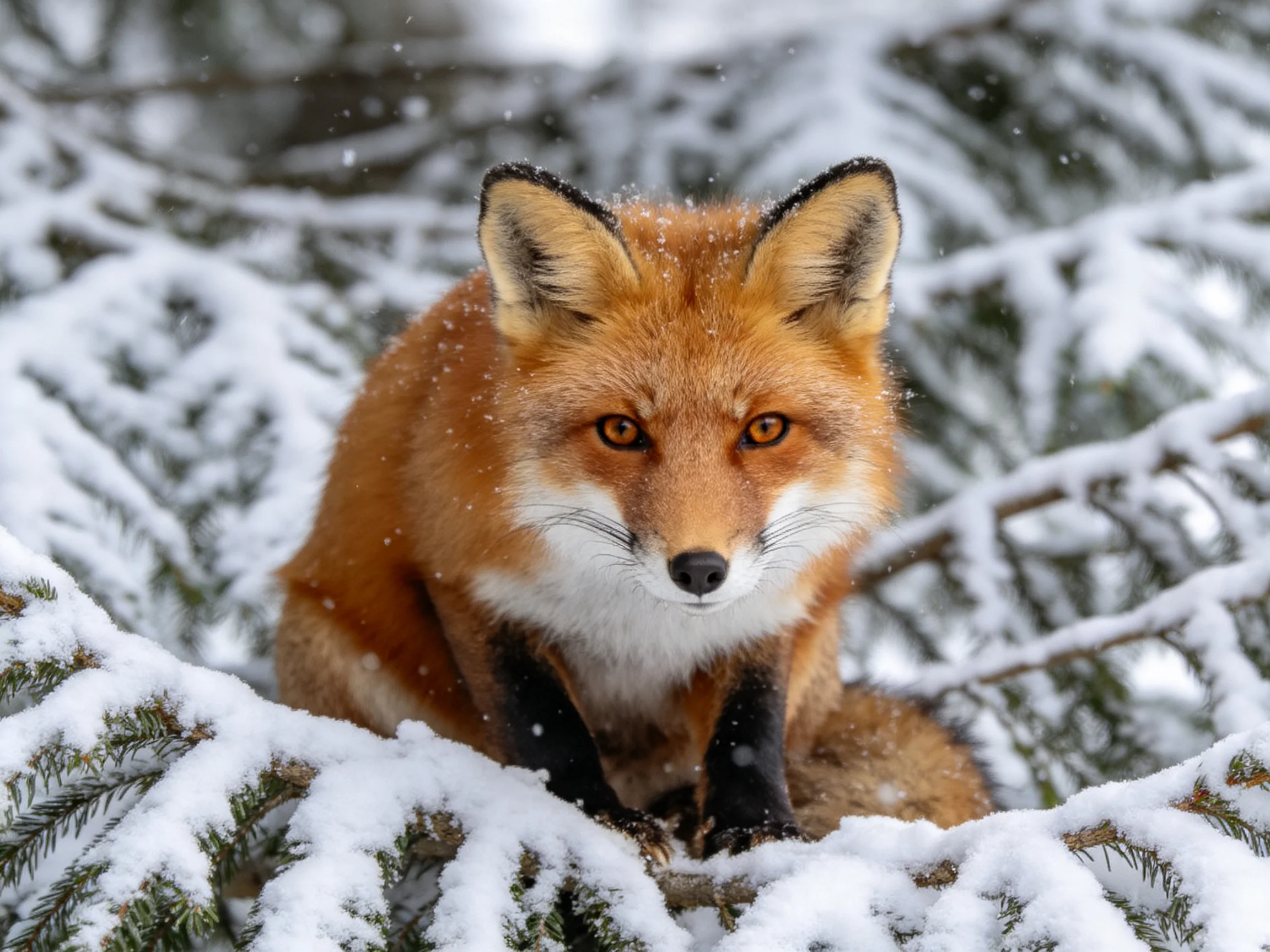 A red fox sits among snow-covered evergreen trees in a winter landscape.
