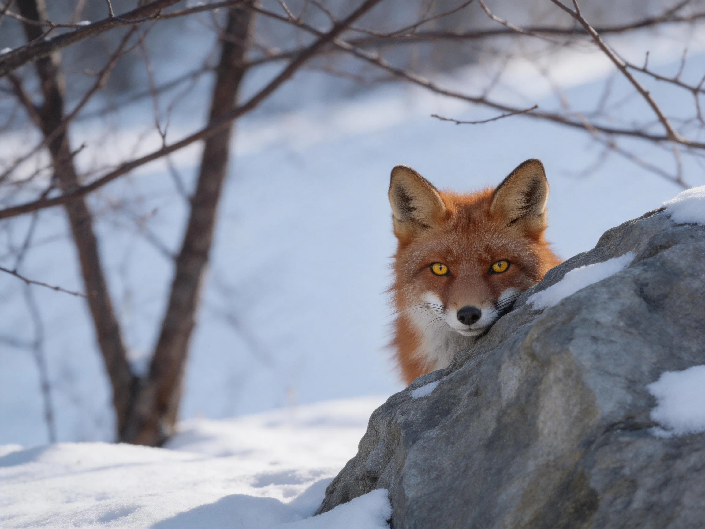 A red fox peeks from behind a snow-covered rock in a wintry landscape.