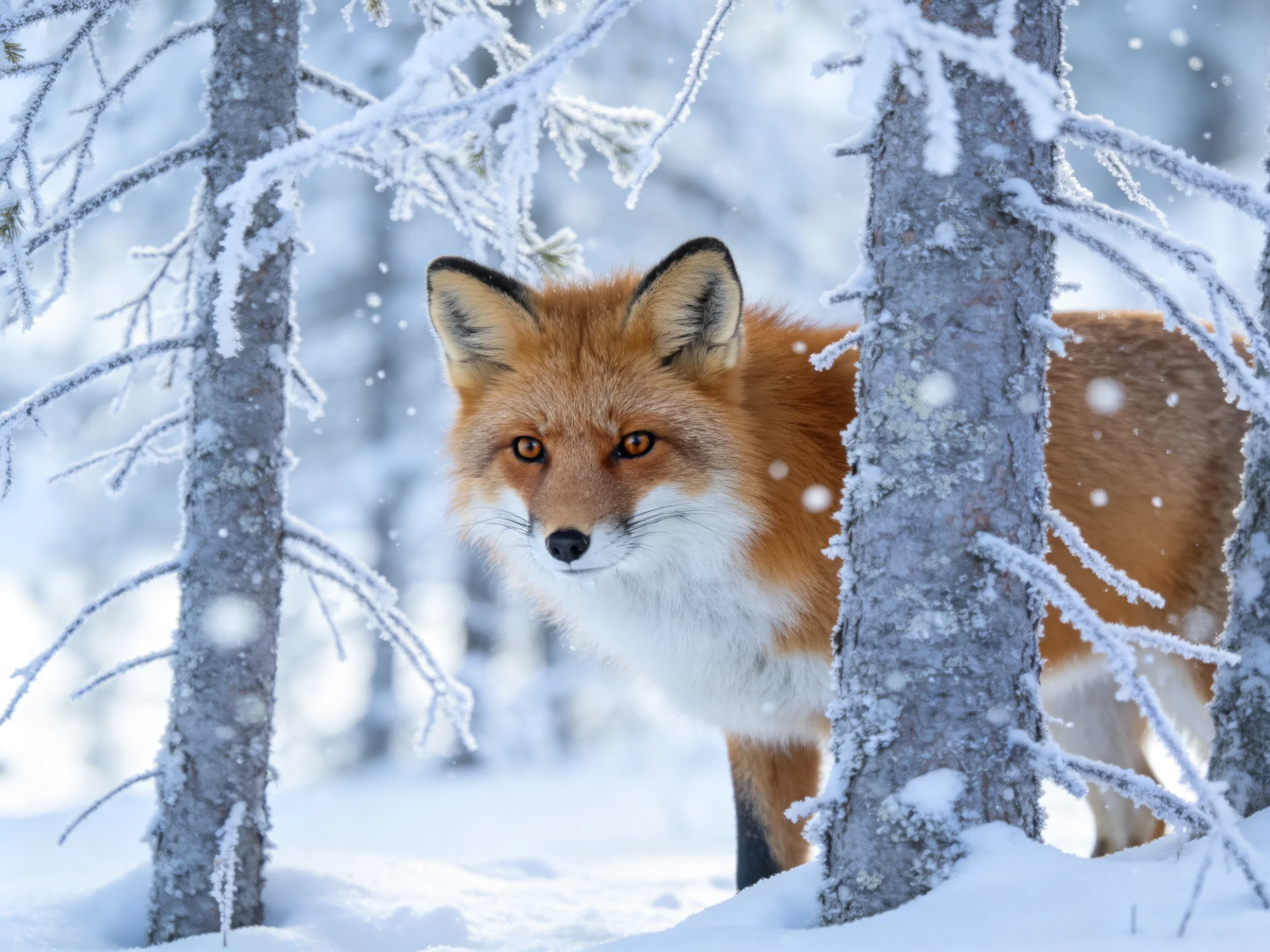 A red fox peeks from frosty snow-covered trees