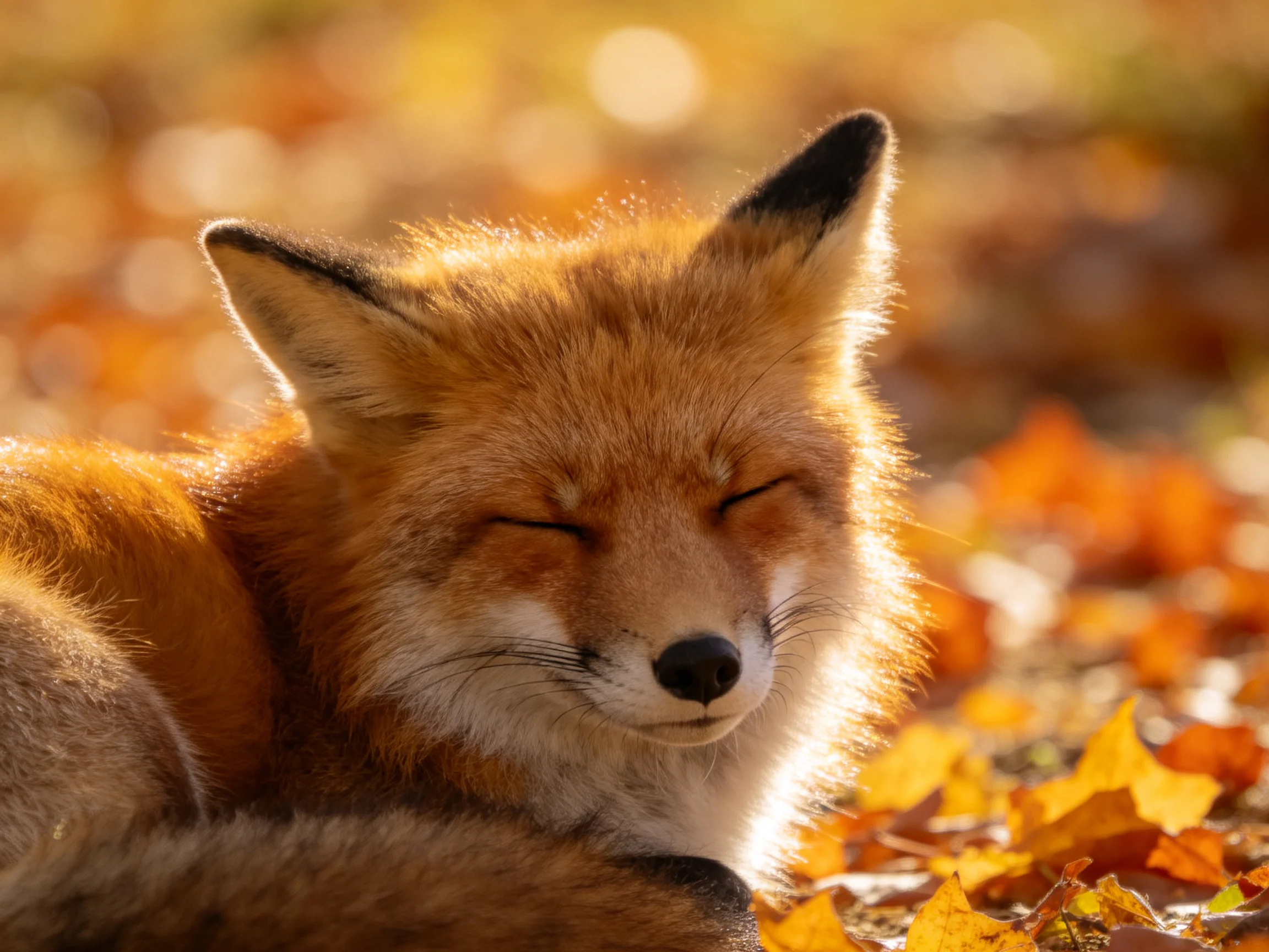 A red fox relaxes among fallen autumn leaves under warm sunlight.