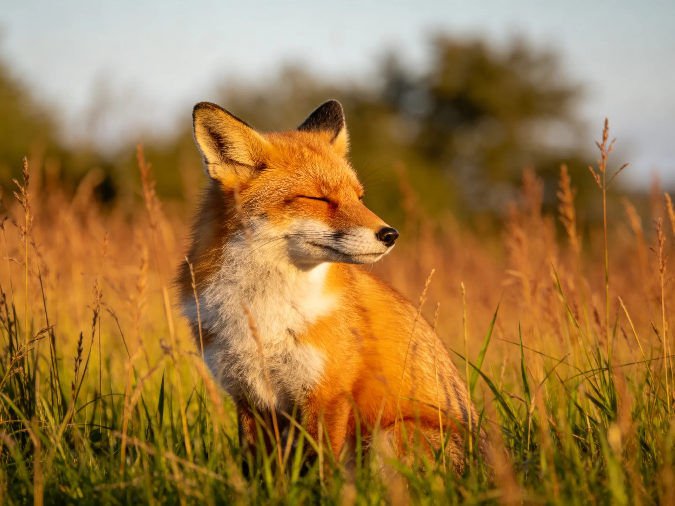 A red fox rests amid tall golden grasses under warm sunlight