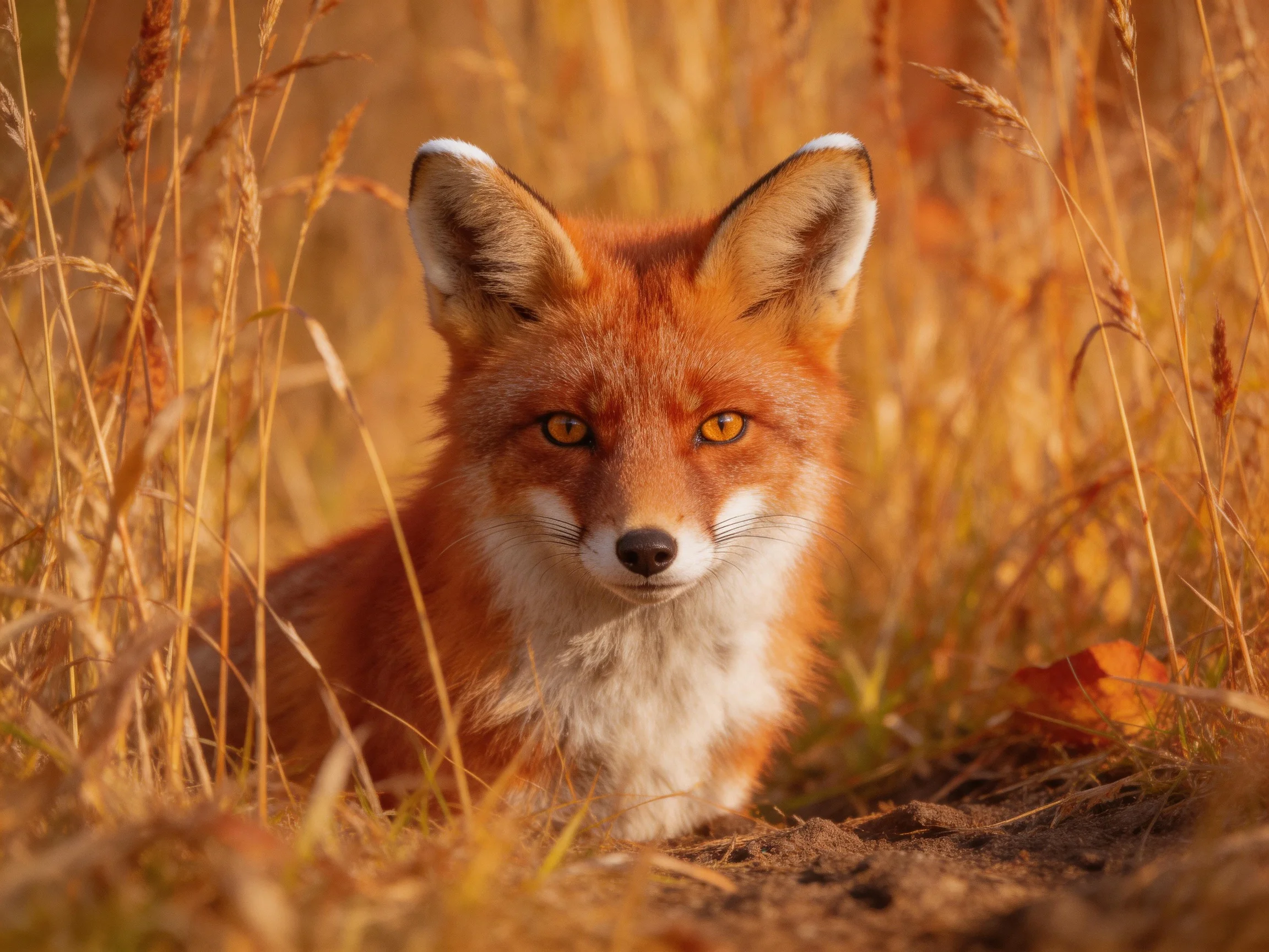 A red fox sits calmly among tall golden grasses.
