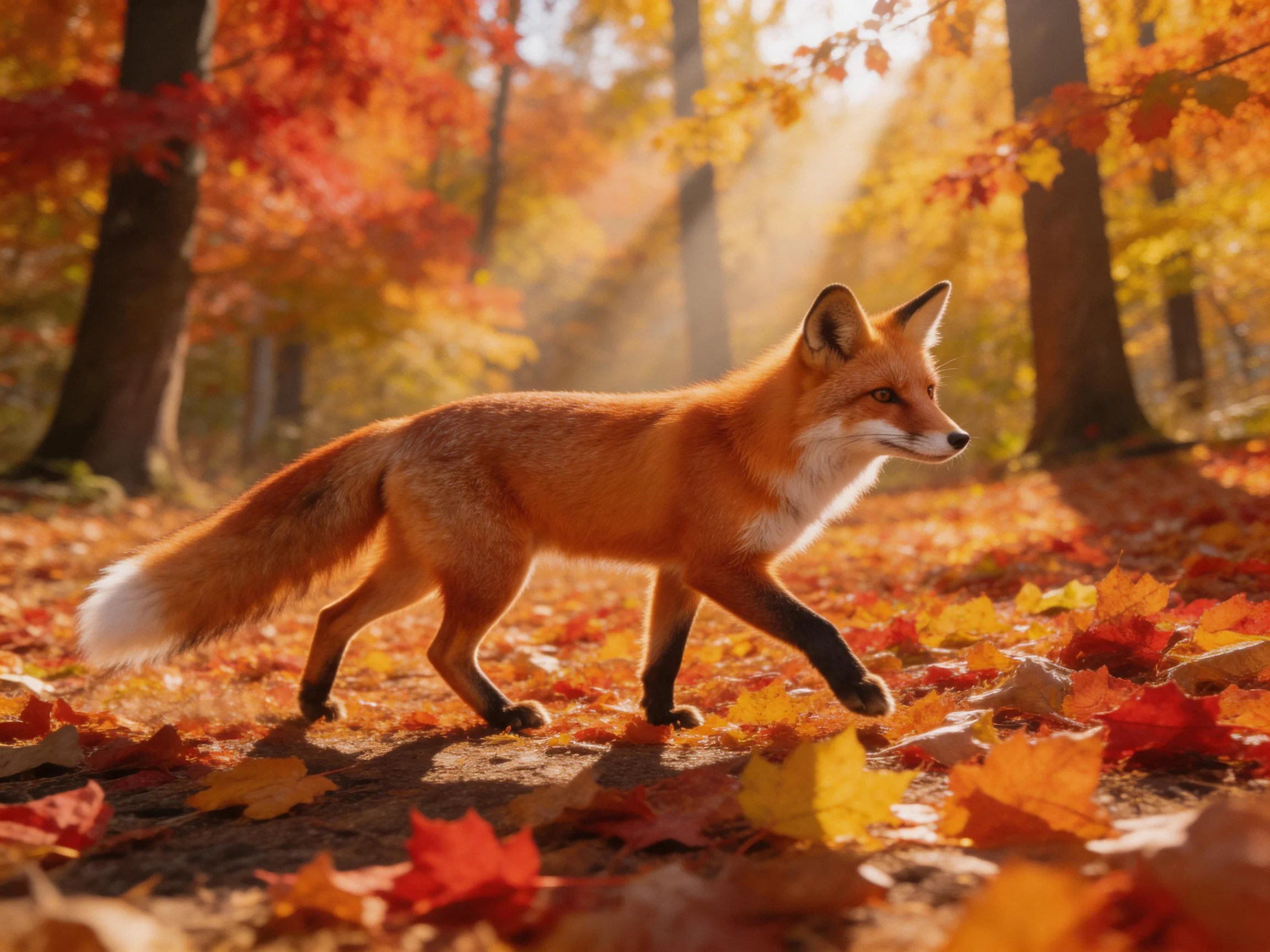 A red fox moves through a forest covered in colorful autumn leaves