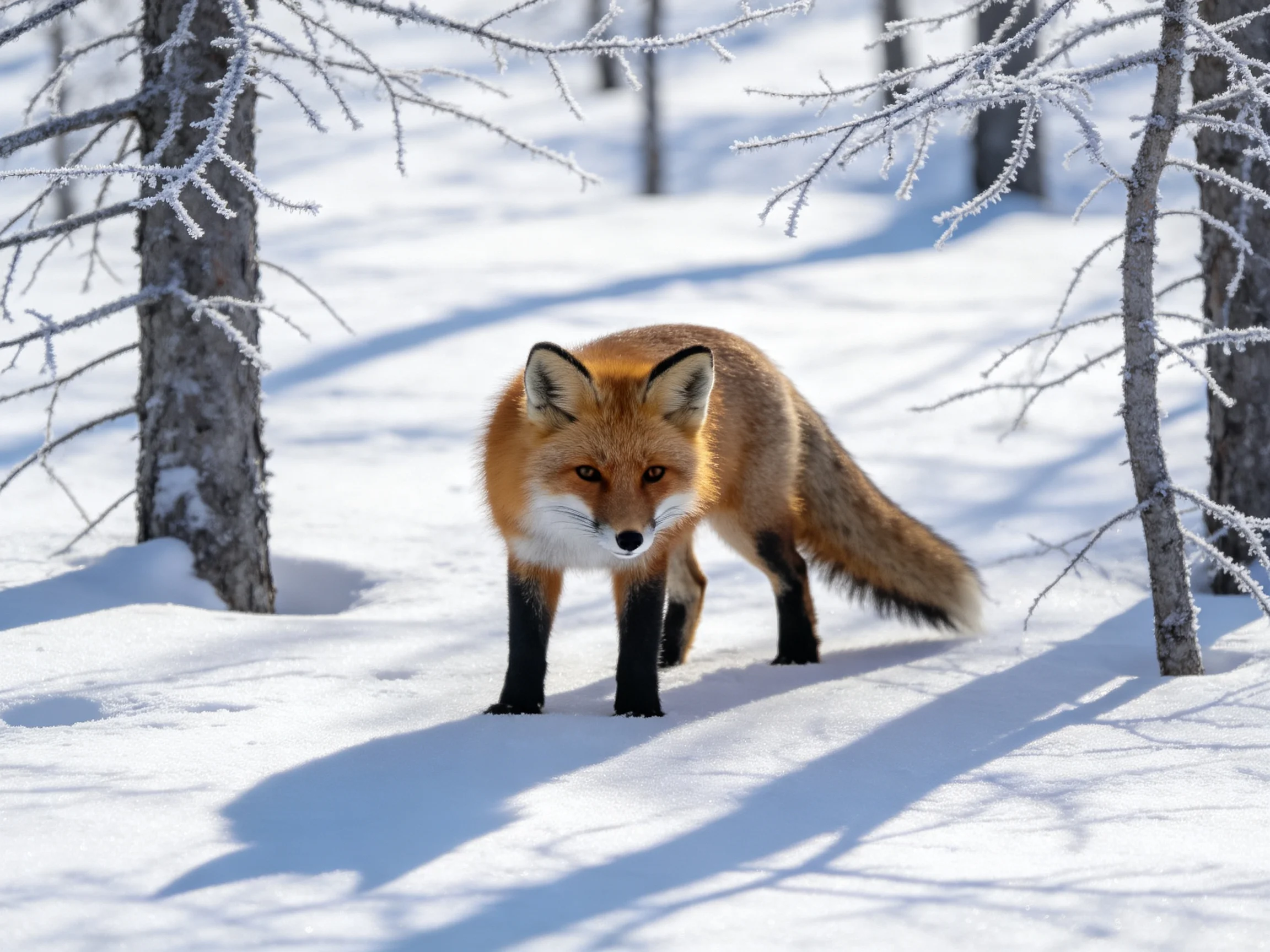 A red fox roams a snow-covered forest with frosty trees