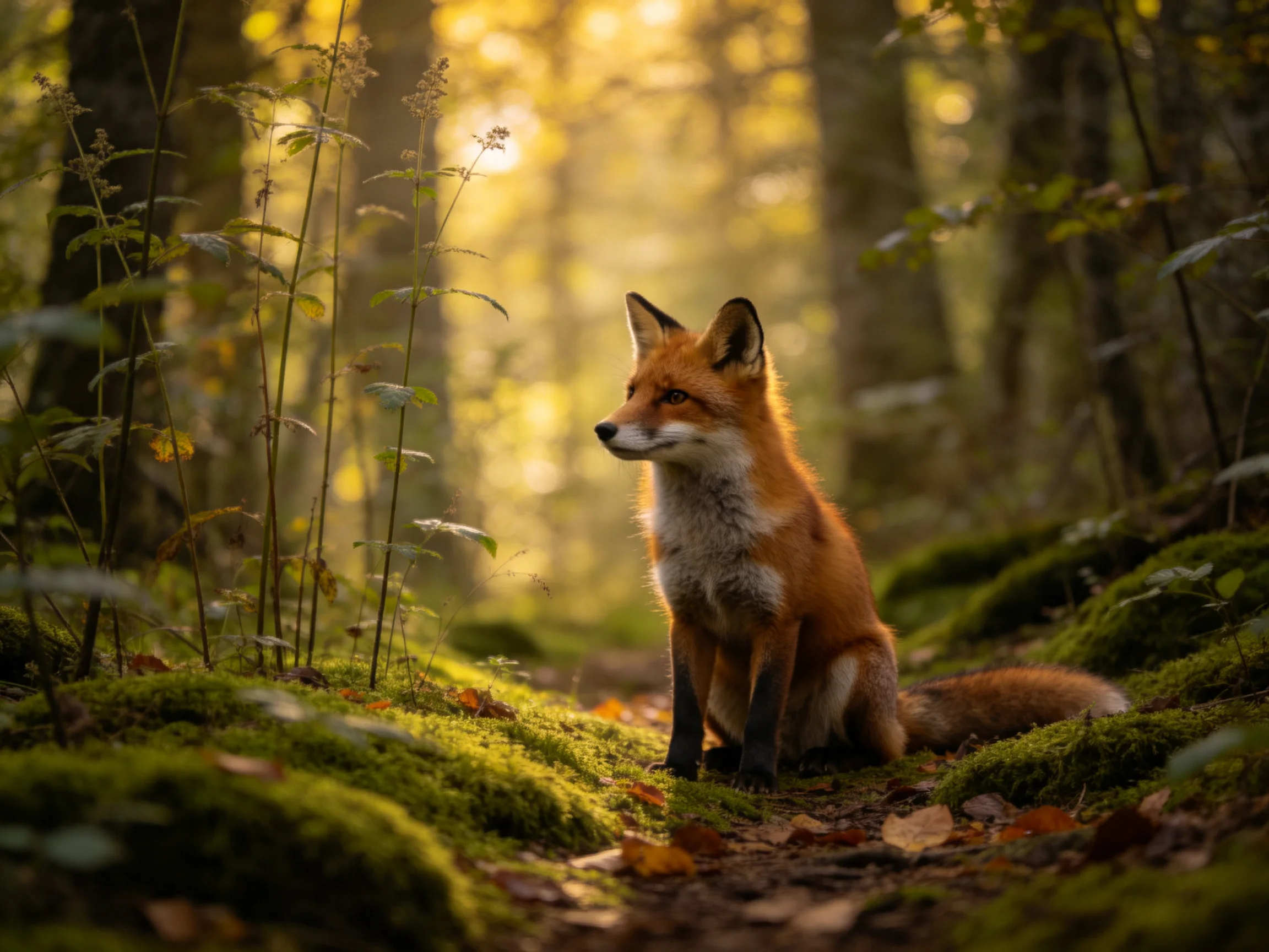 A red fox sits amid mossy forest trails with golden sunlight