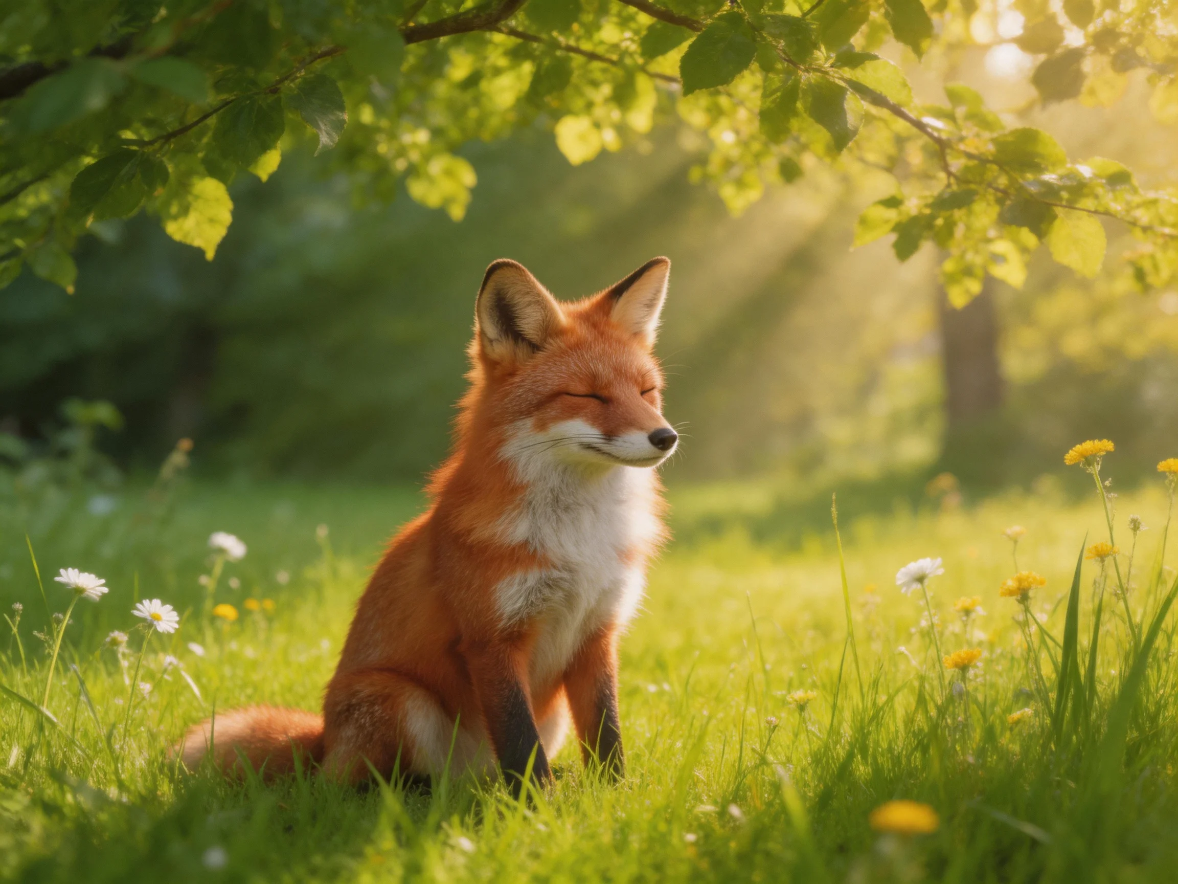 A red fox rests peacefully in a sunlit meadow filled with flowers and trees