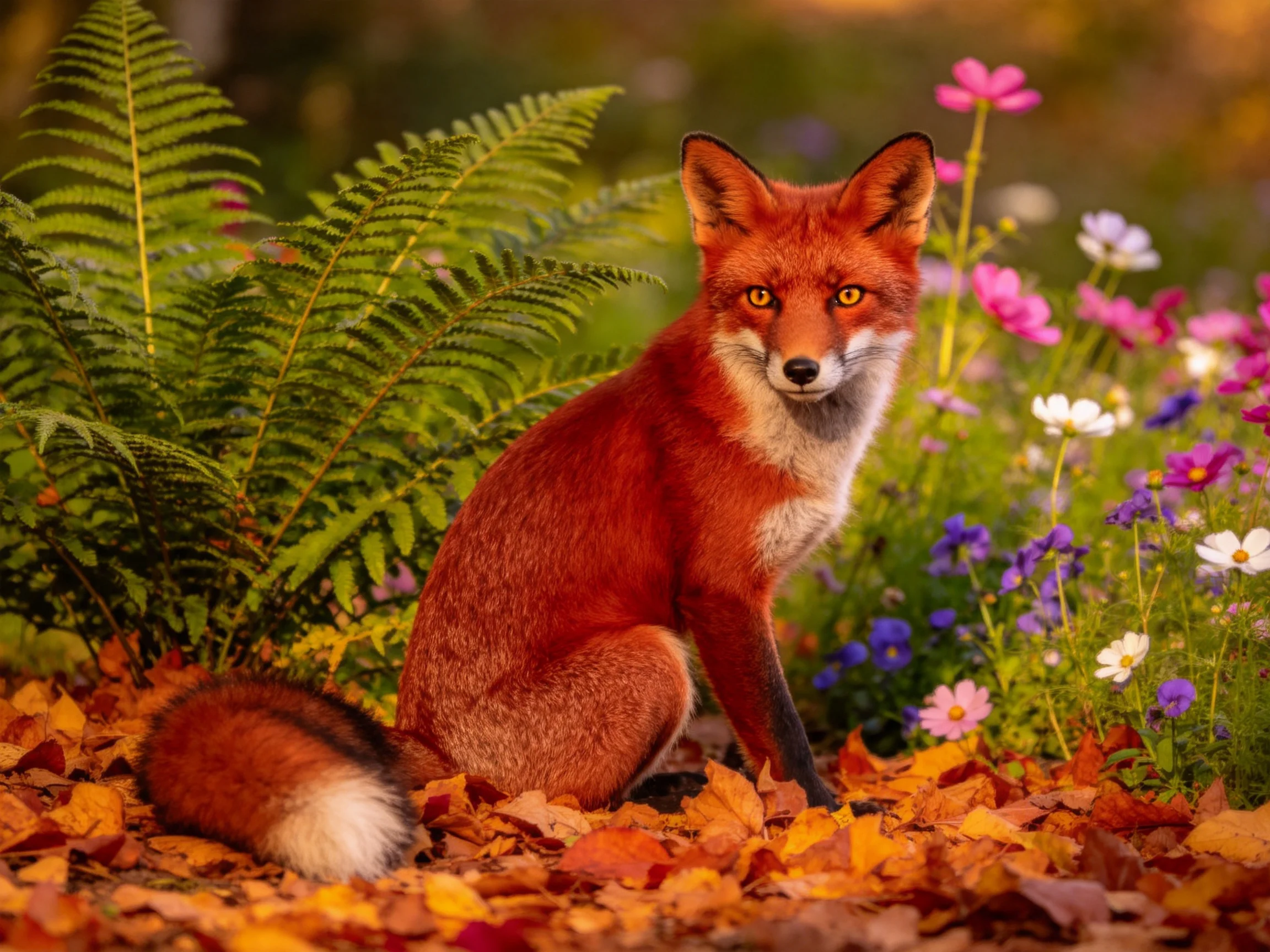 A red fox sits among ferns, flowers, and fallen autumn leaves
