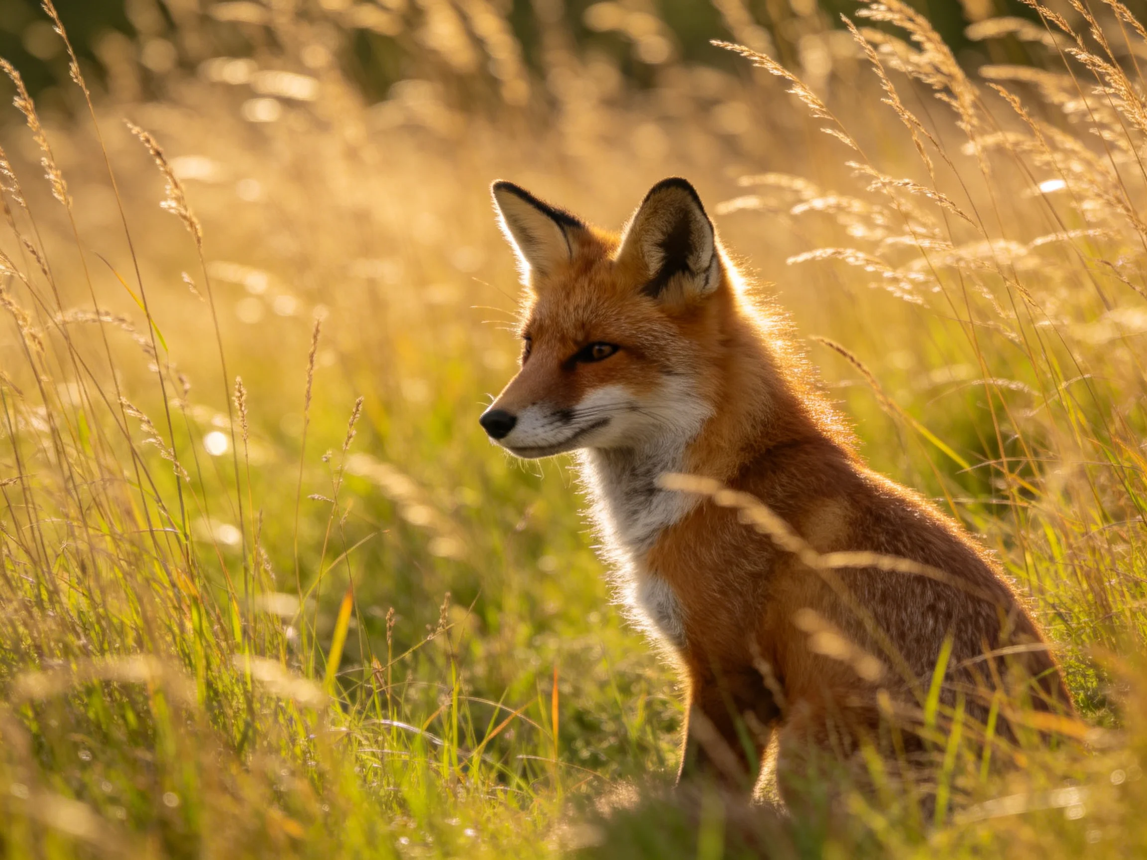 A red fox sits in golden grasses under warm sunlight