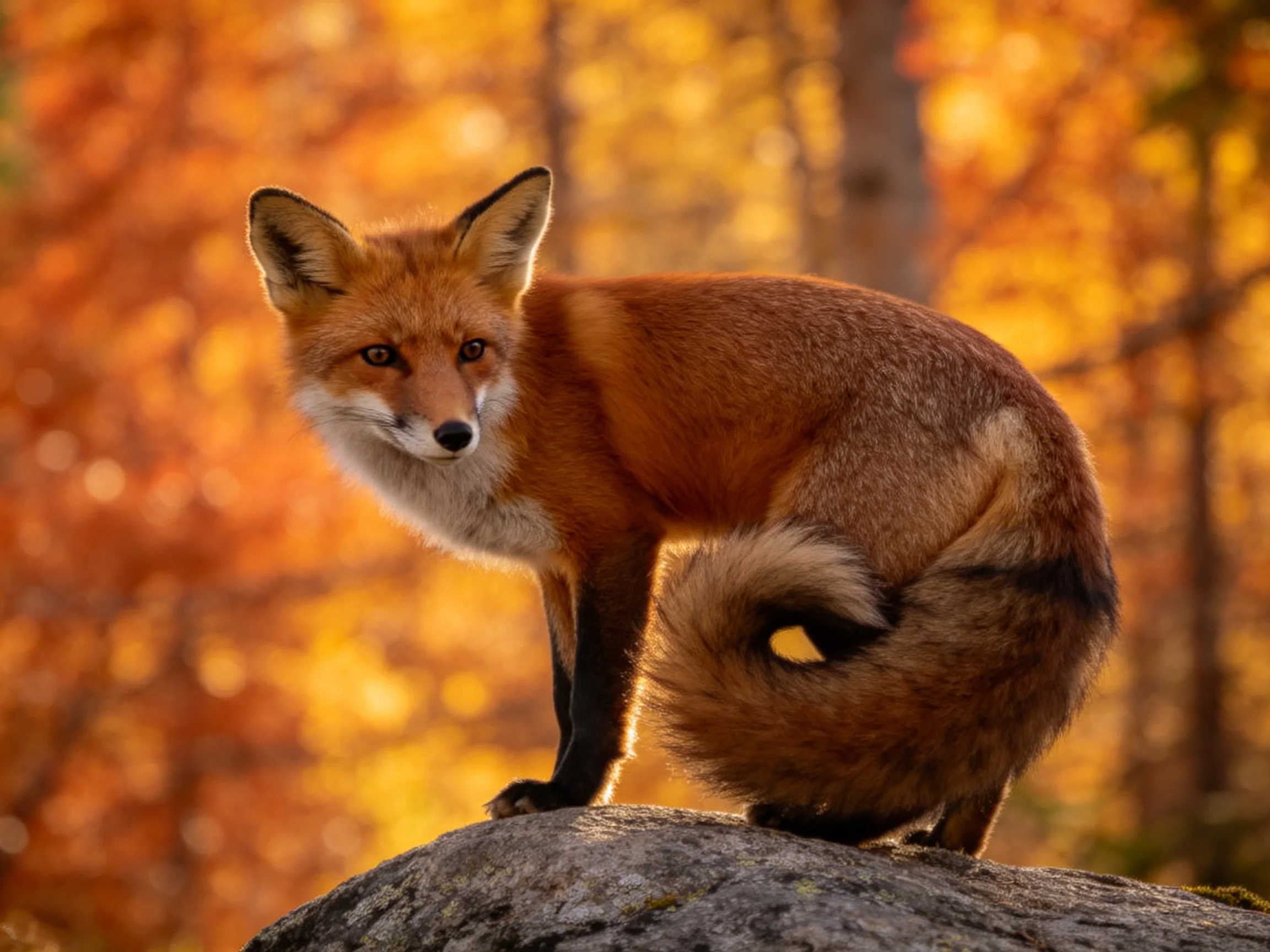 A red fox stands on a rock near autumn-colored trees