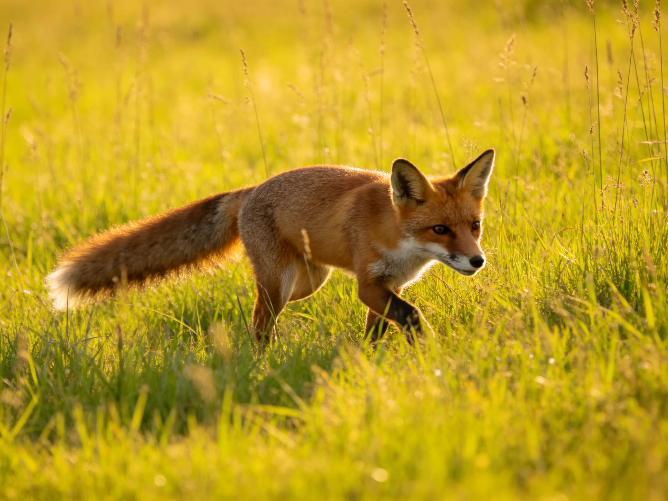 A red fox stalks through a sunlit golden meadow