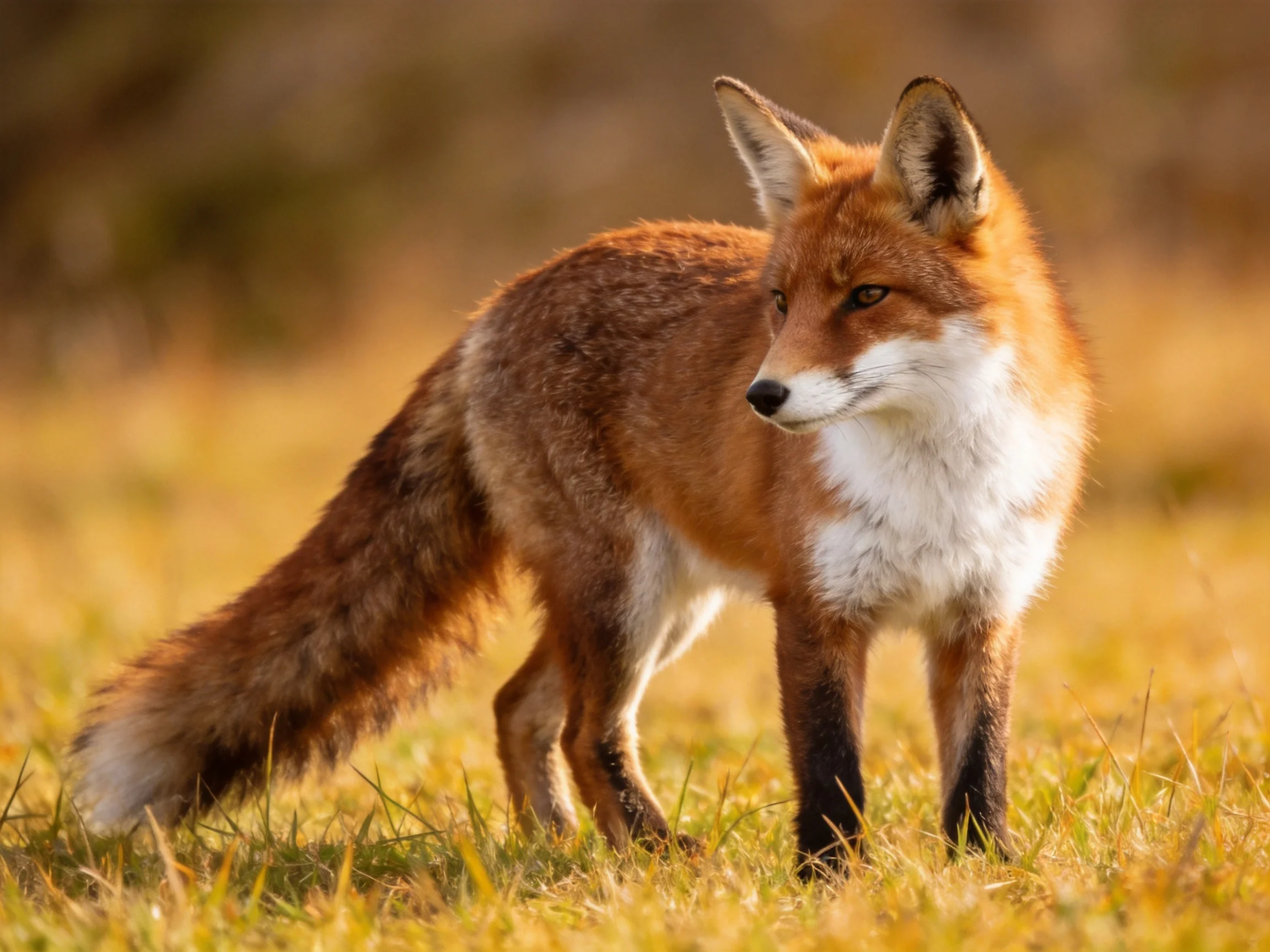 A red fox stands alert in sunlit golden grassland