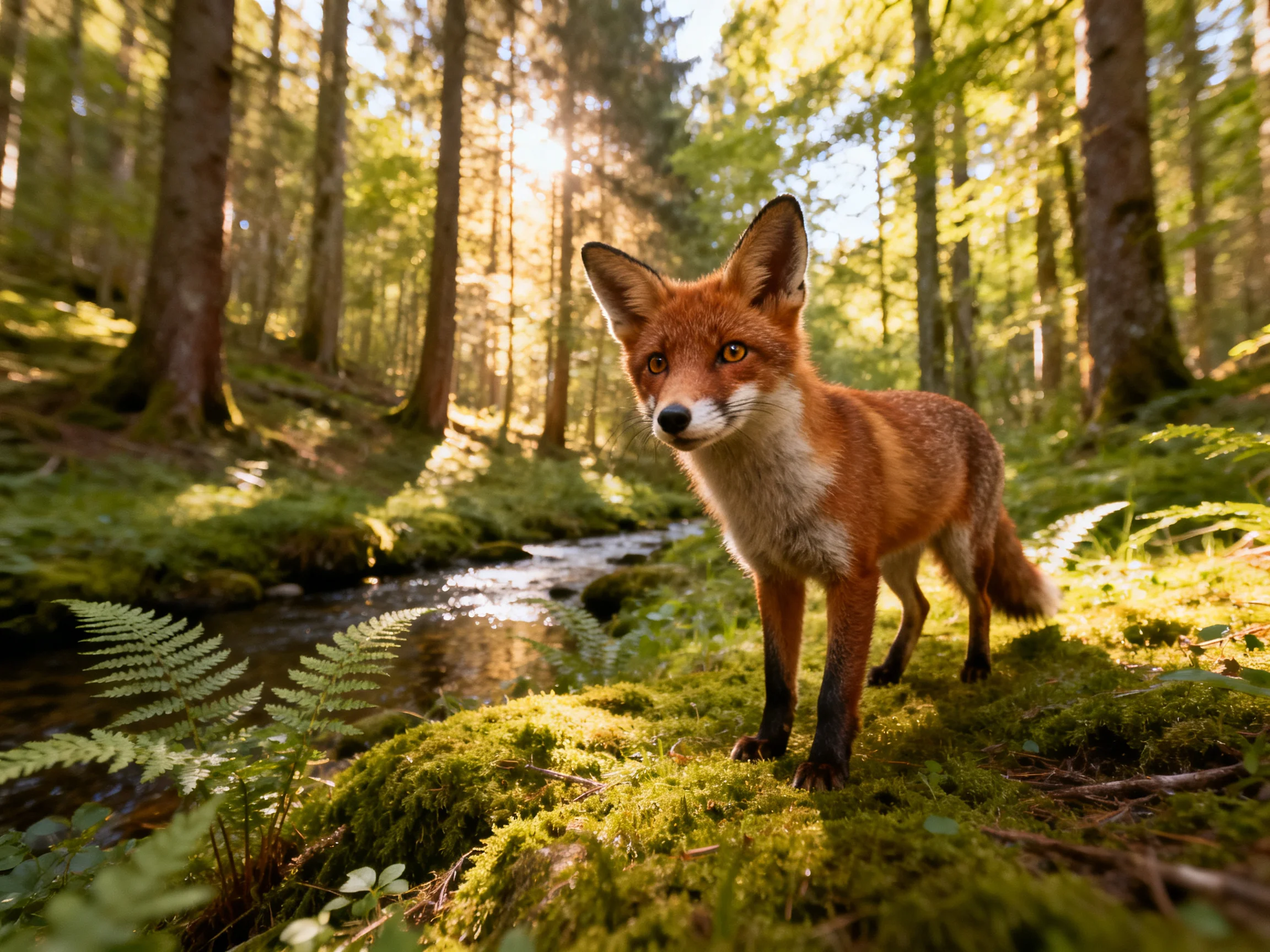 A red fox stands amid lush green moss near a sunlit forest stream