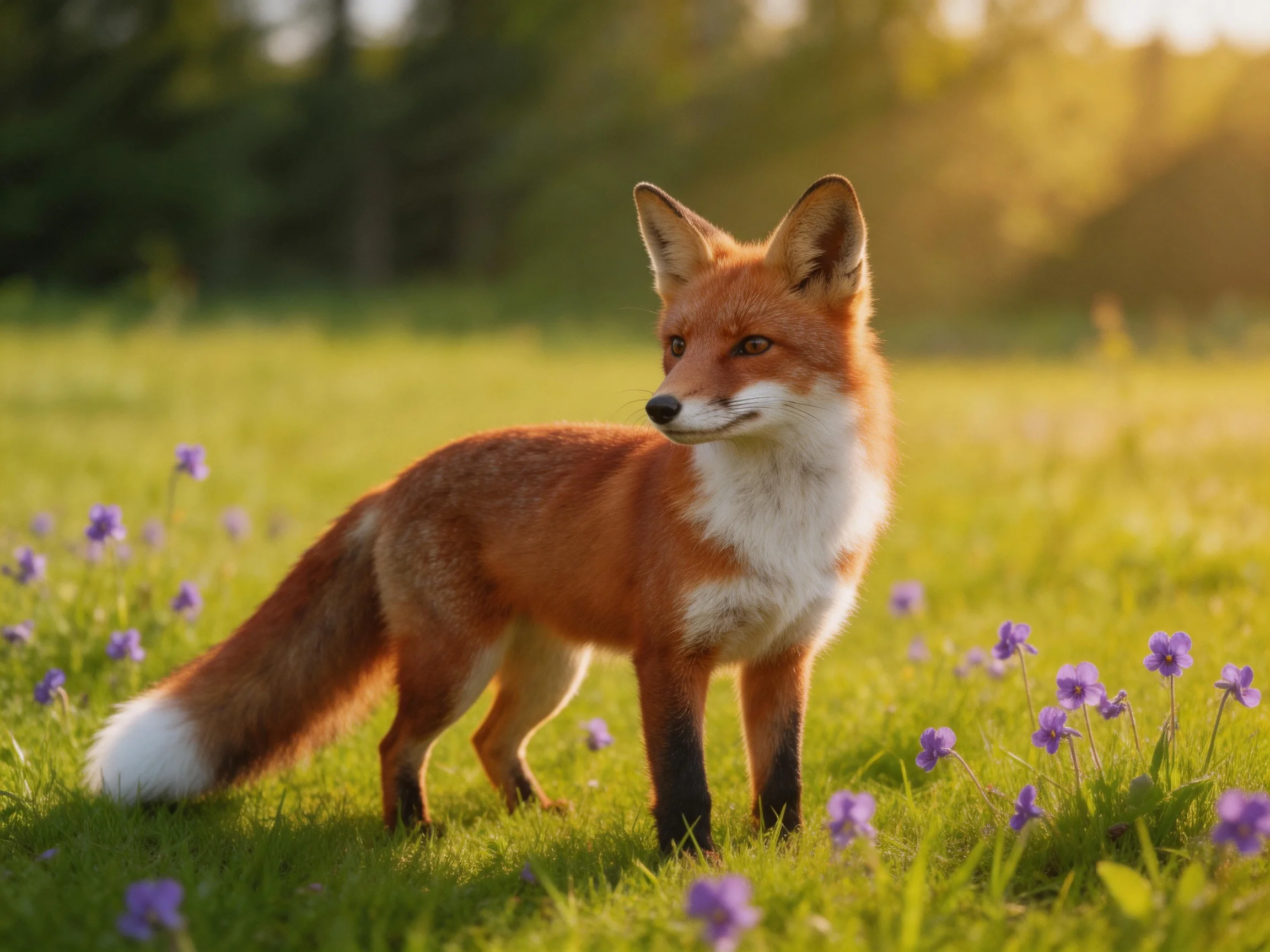 A red fox stands in a sunlit meadow with purple wildflowers.
