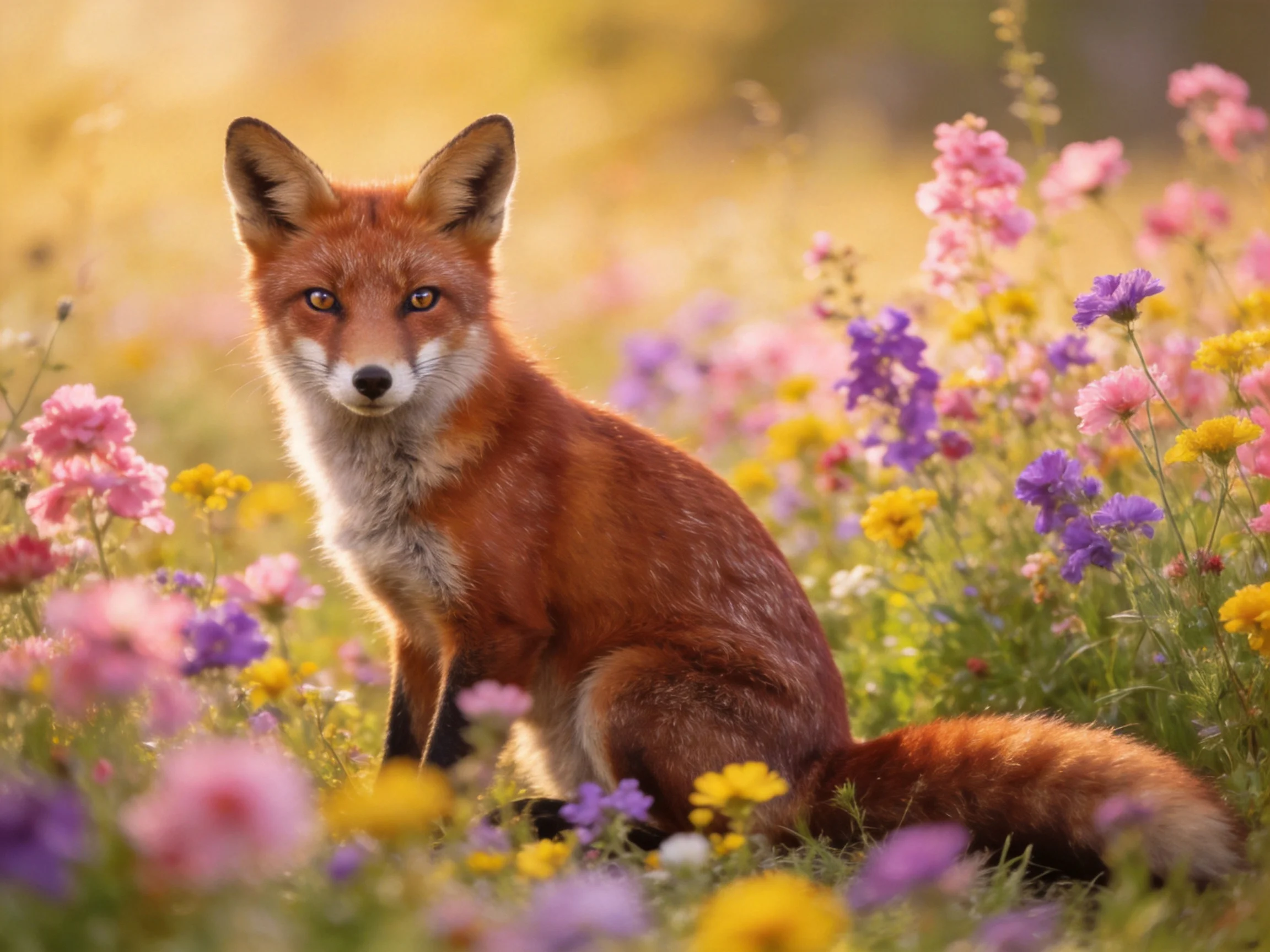 A red fox surrounded by vibrant wildflowers in a sunlit meadow