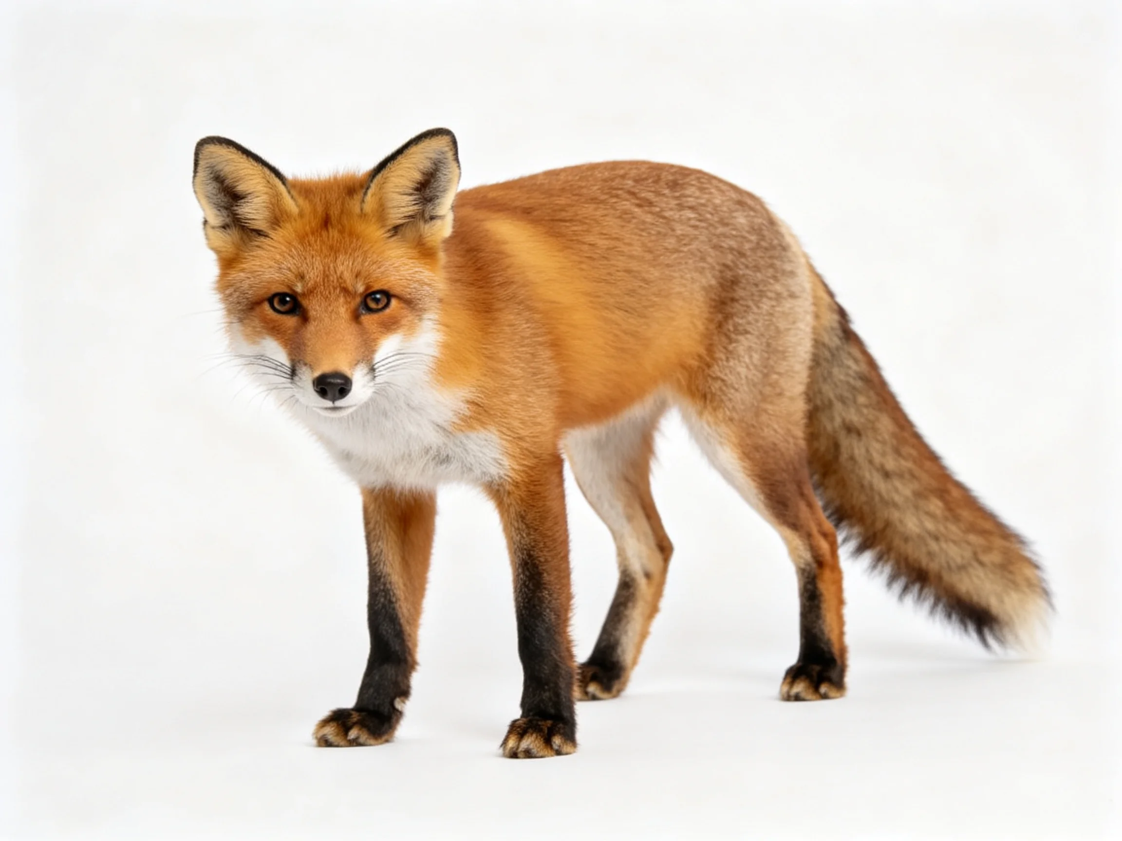 A red fox with golden and brown fur on a white background