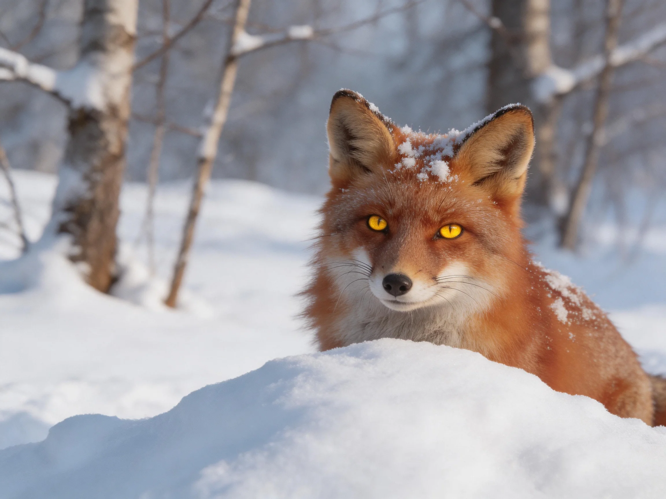 A red fox with golden eyes peeks from behind snowdrifts in a wintry forest
