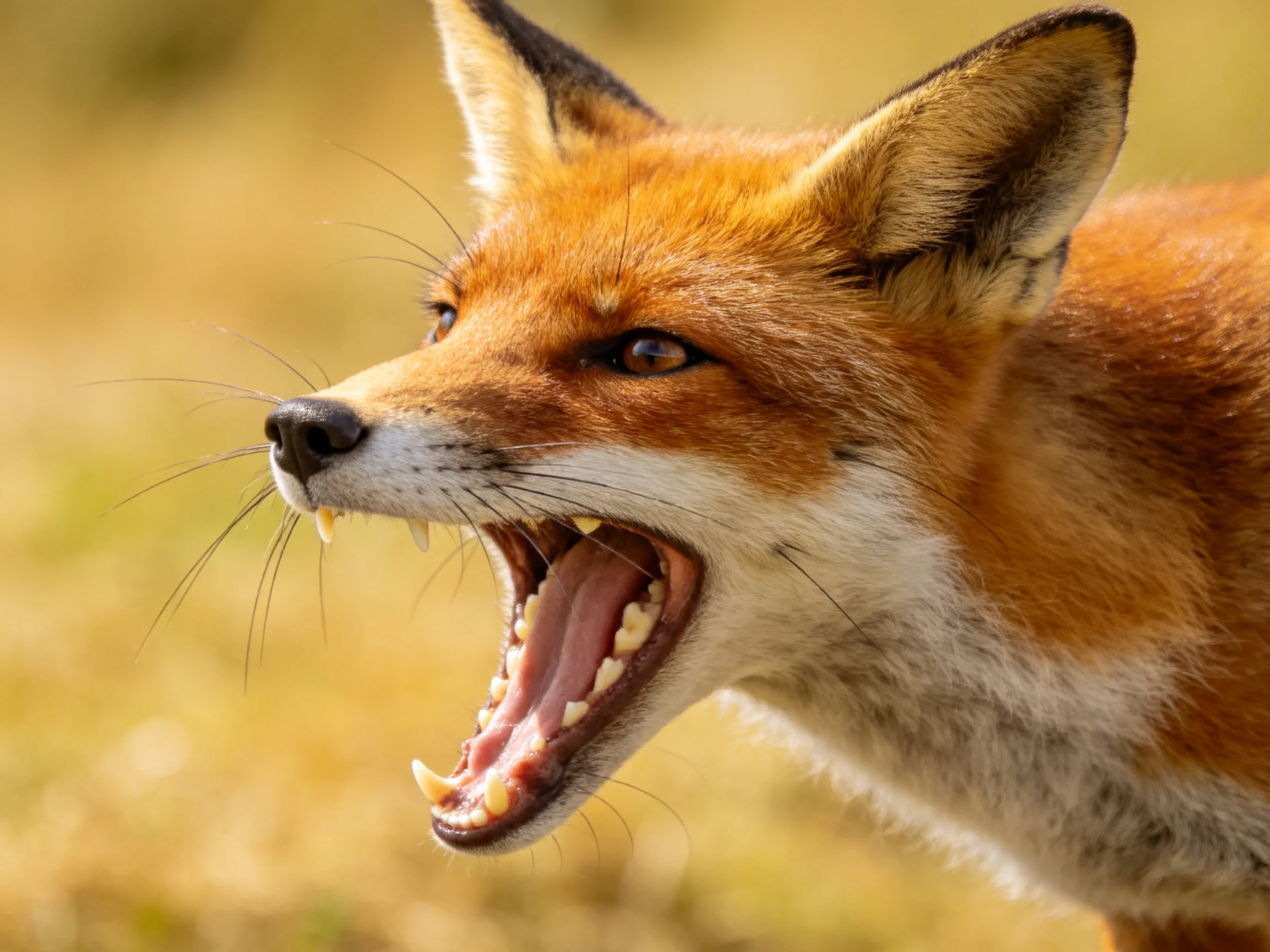 A red fox with open mouth revealing sharp teeth in nature